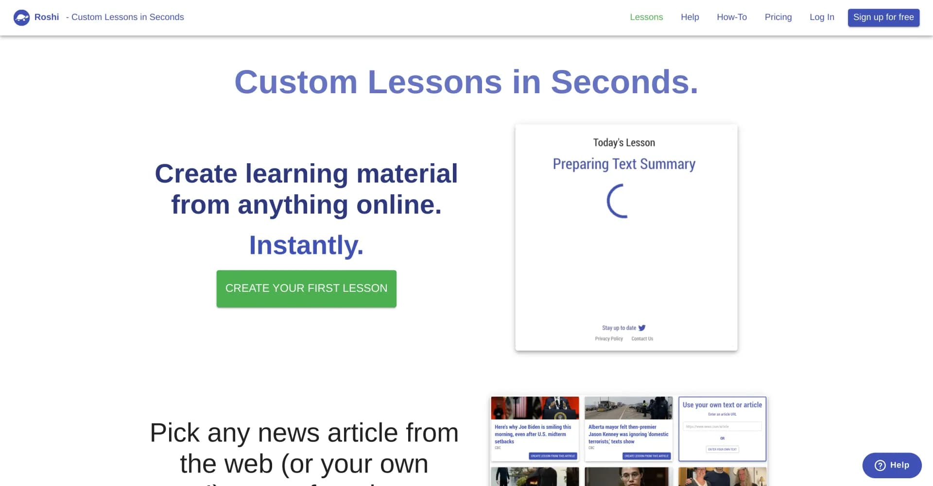 Roshi AI homepage screenshot — Create custom lessons from web content instantly.