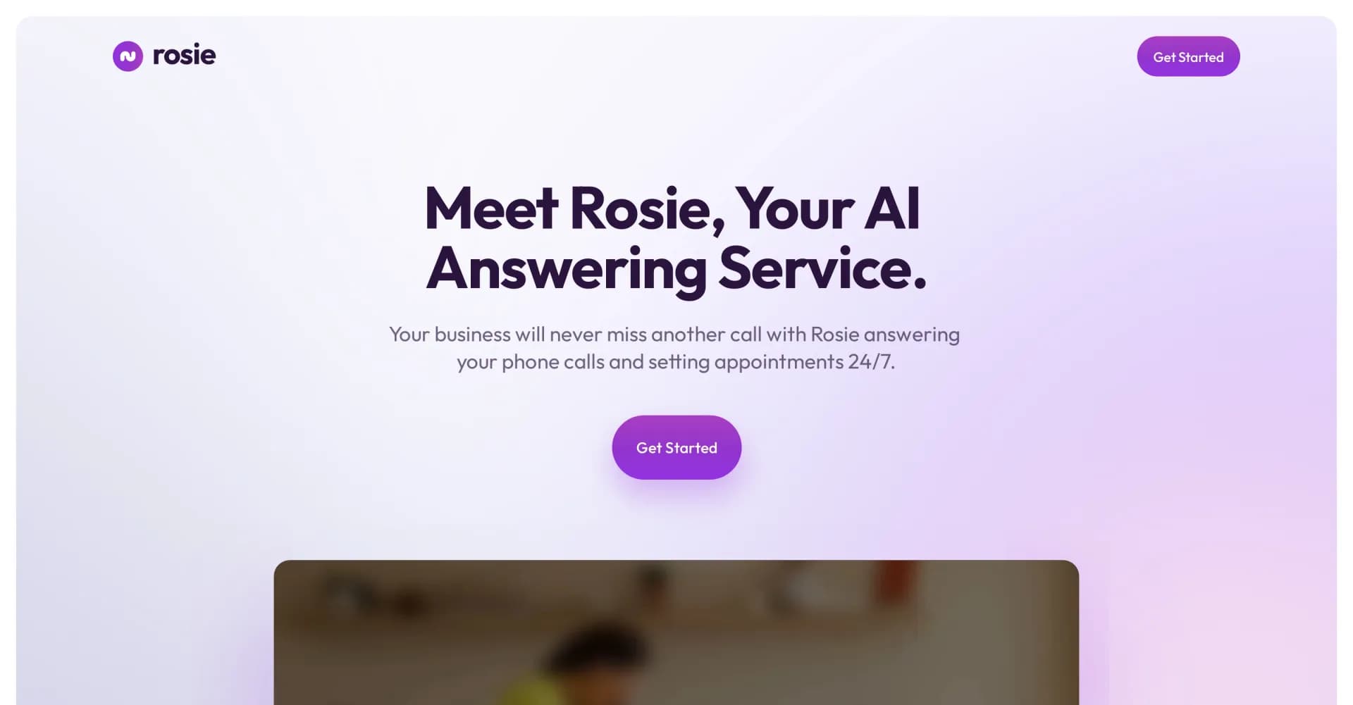 Rosie homepage screenshot — AI answers calls and sets appointments 24/7.