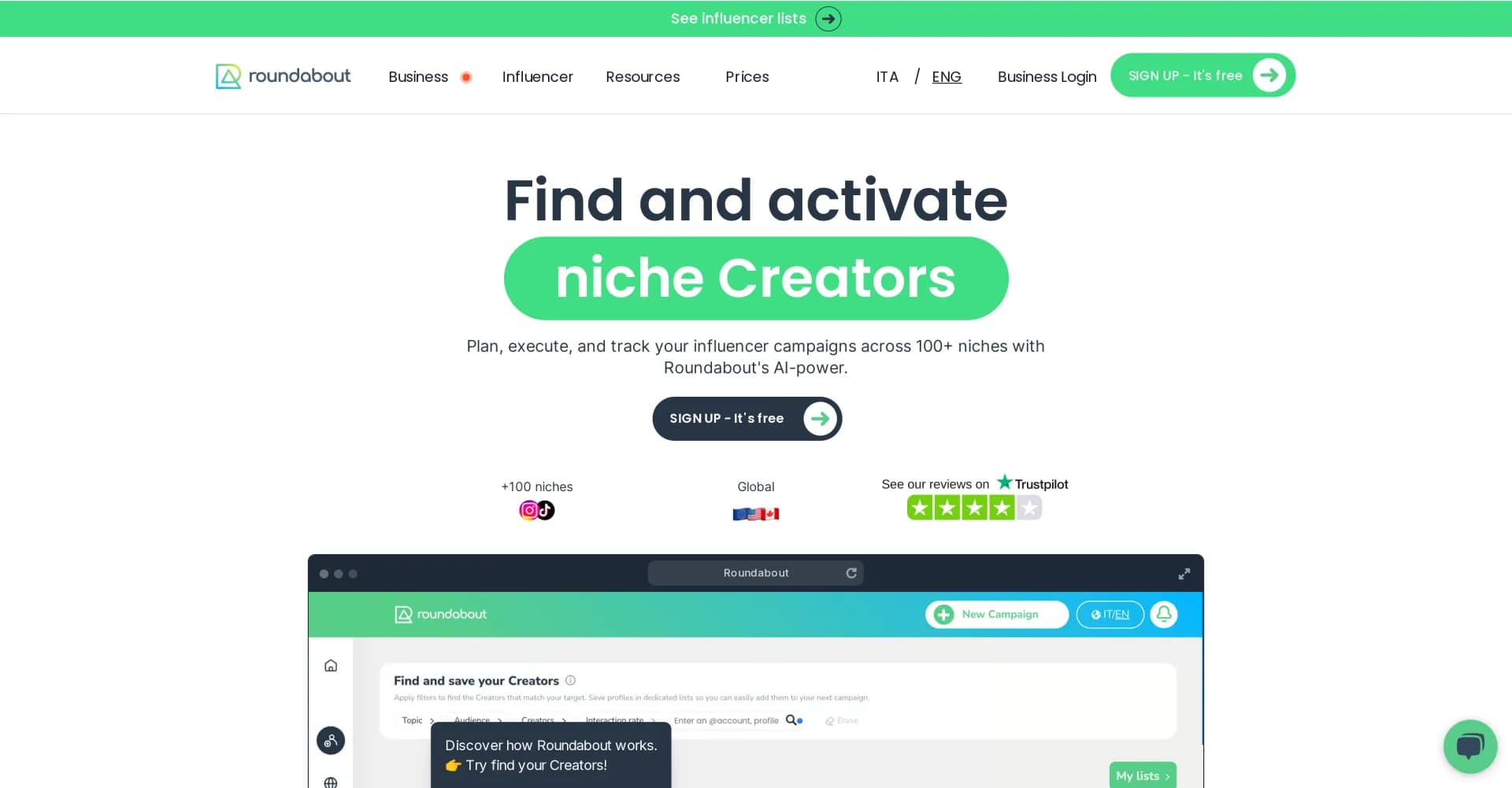 Roundabout homepage screenshot — Find and activate creators for AI-powered influencer marketi