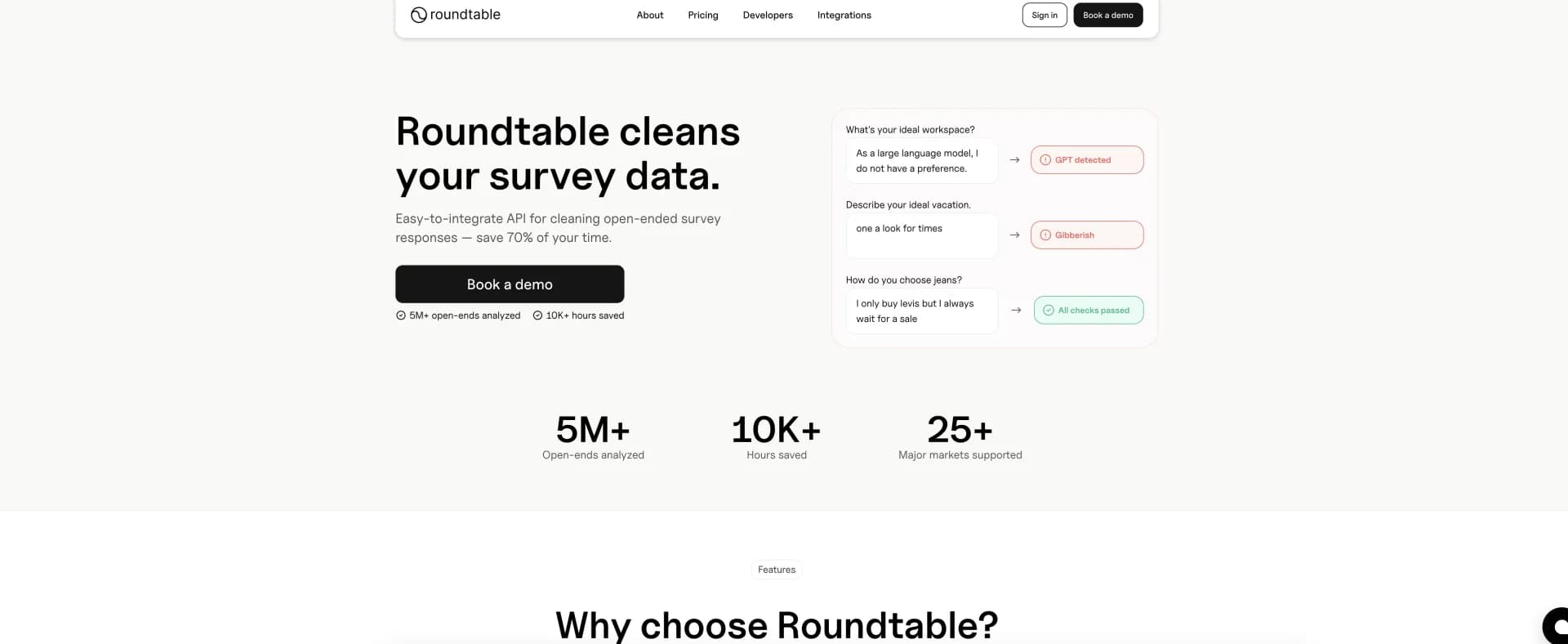 Roundtable homepage screenshot — Simulate customer surveys instantly with AI.