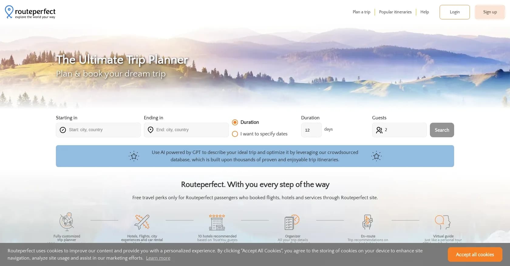 Routeperfect homepage screenshot — Travel itinerary planner and booking for trips