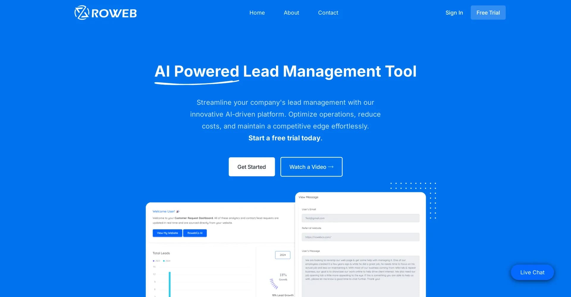 Rowebco homepage screenshot — AI-powered lead management: Streamline, optimize, compete.