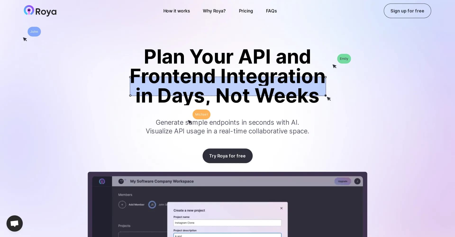 Roya homepage screenshot — Plan APIs and frontend integrations in days, not weeks