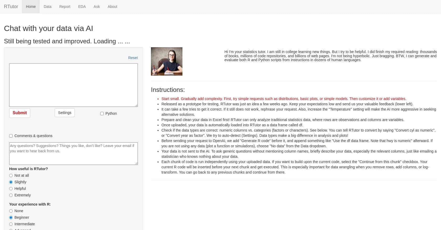 RTutor homepage screenshot — Chat with your data using AI-powered analysis