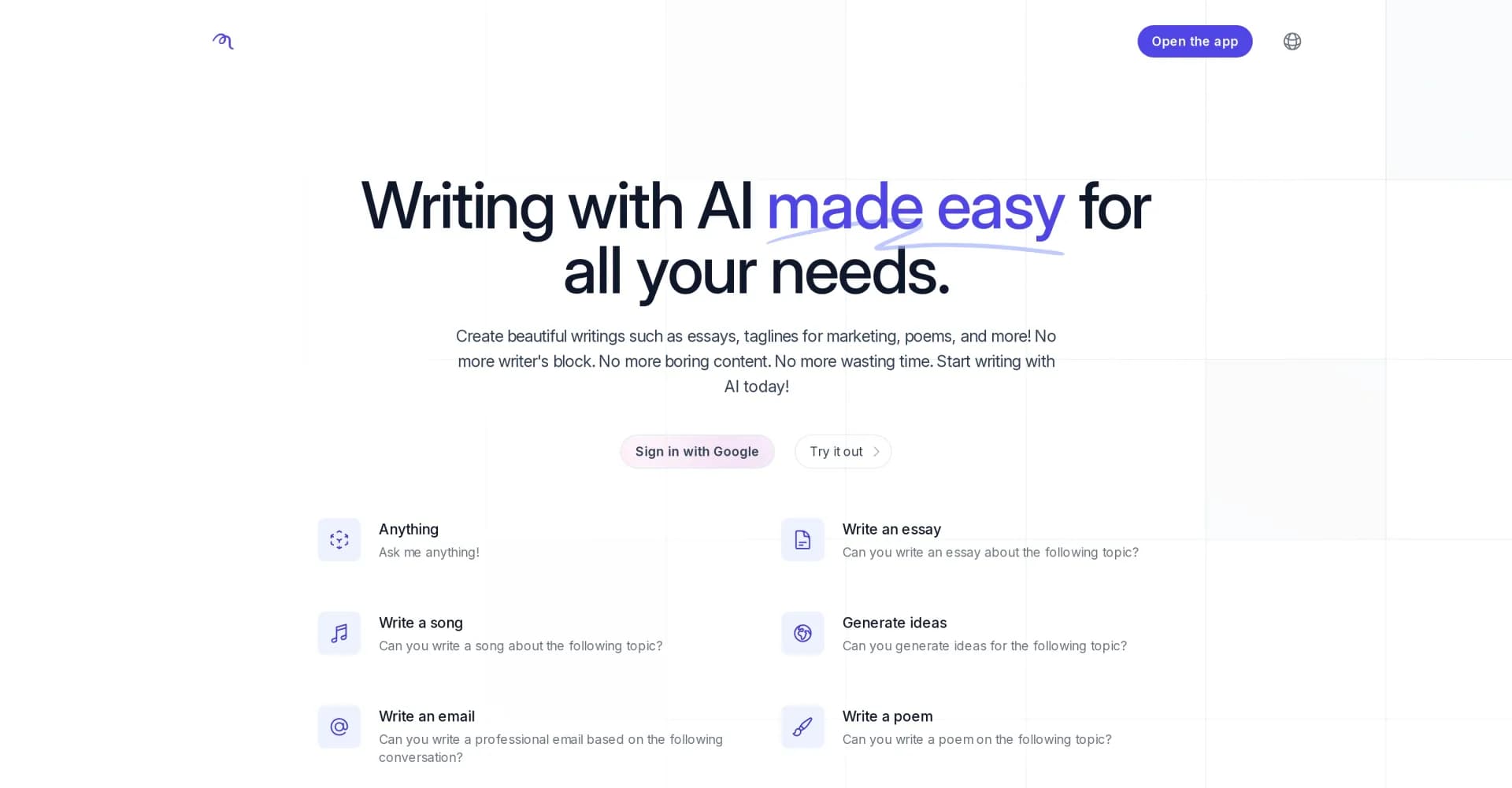 RubgyGPT homepage screenshot — AI writing assistant for all your creative needs.