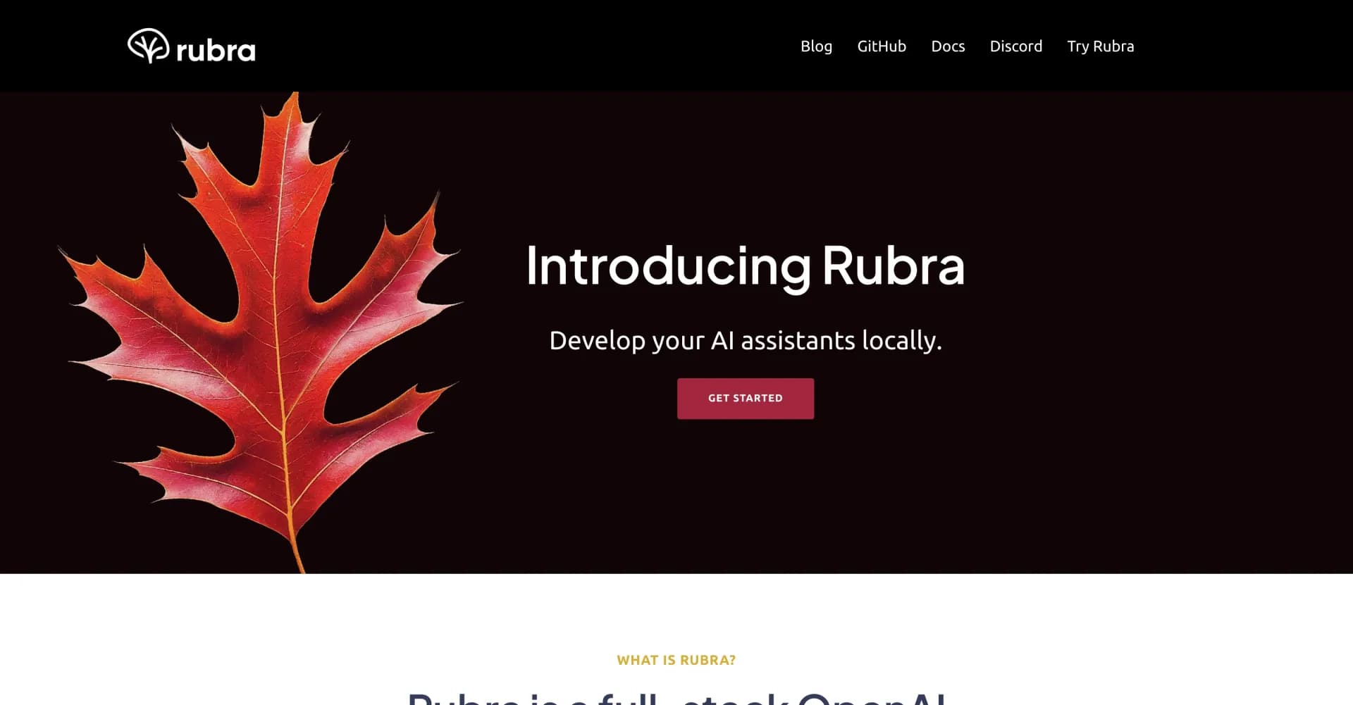 Rubra homepage screenshot — Develop AI assistants locally with open-source LLMs