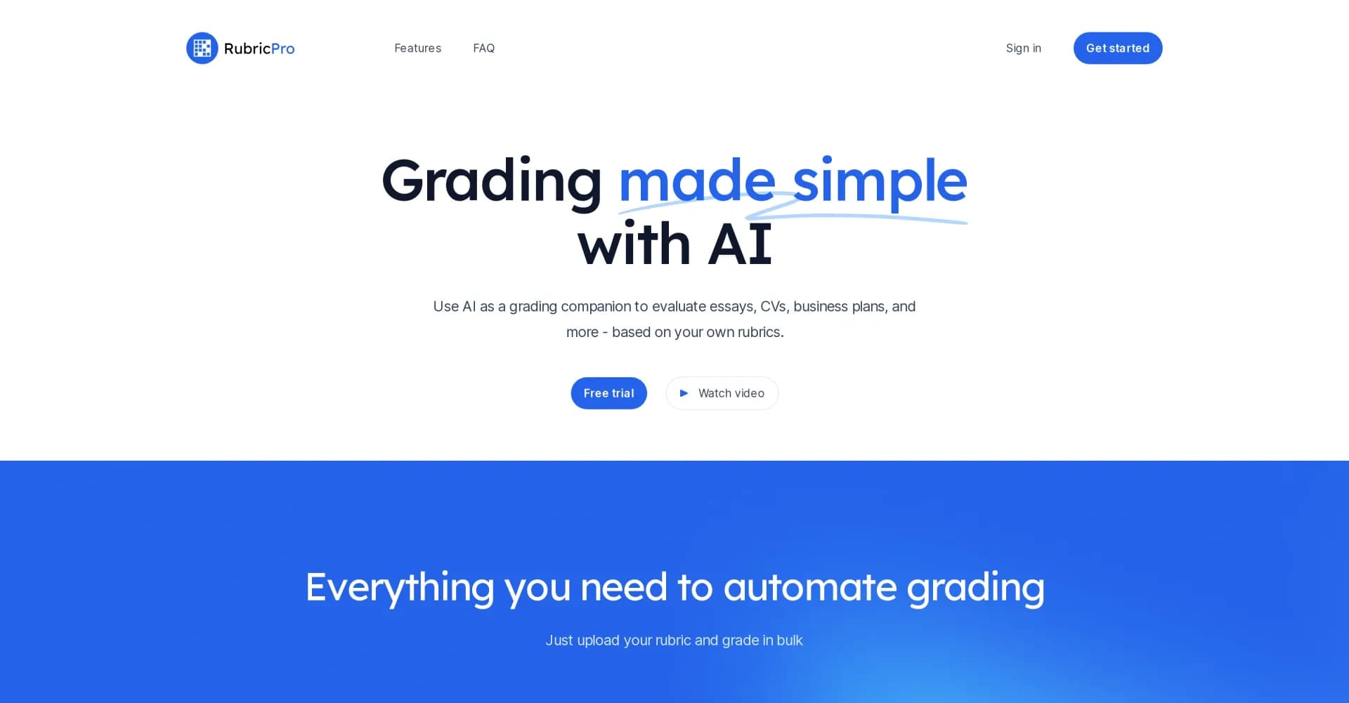 RubricPro homepage screenshot — AI grading companion for assignments and rubrics.