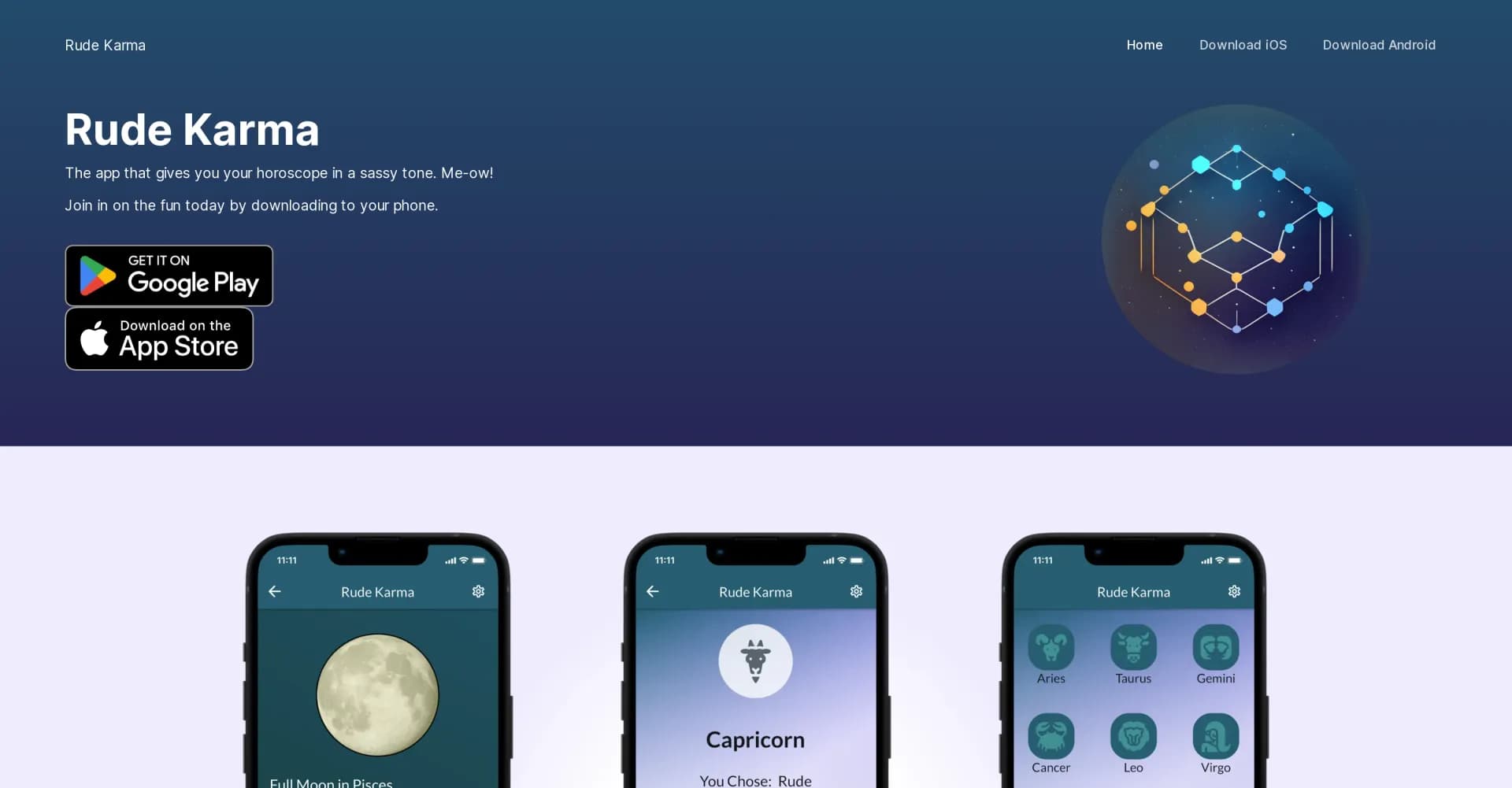 Rude Karma homepage screenshot — Sassy horoscopes from your brutally honest BFF.