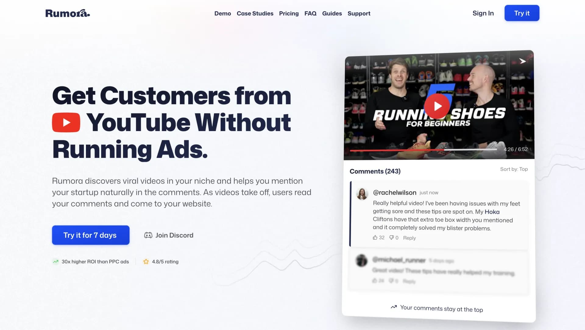 Rumorav1.1.0 homepage screenshot — Get customers from YouTube comments, without ads.