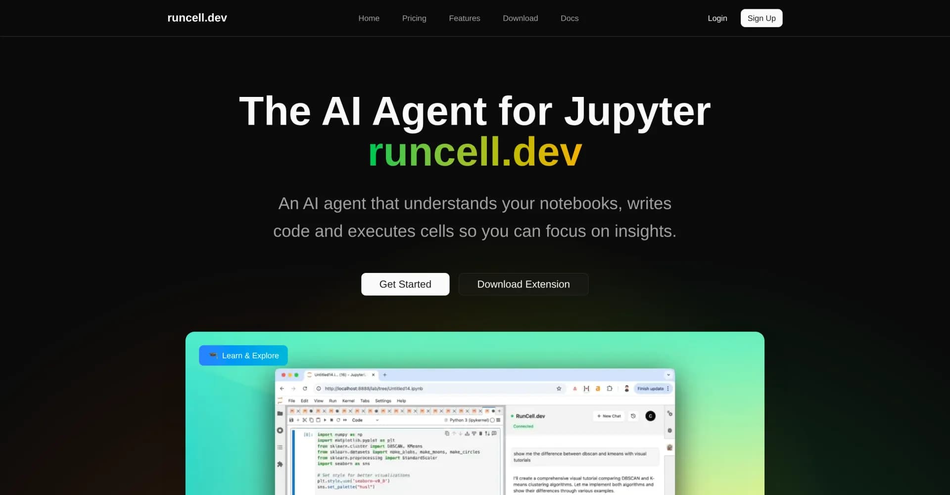 Runcell - Jupyter AI Agent homepage screenshot — AI agent for Jupyter: Generate code, run cells with natural 