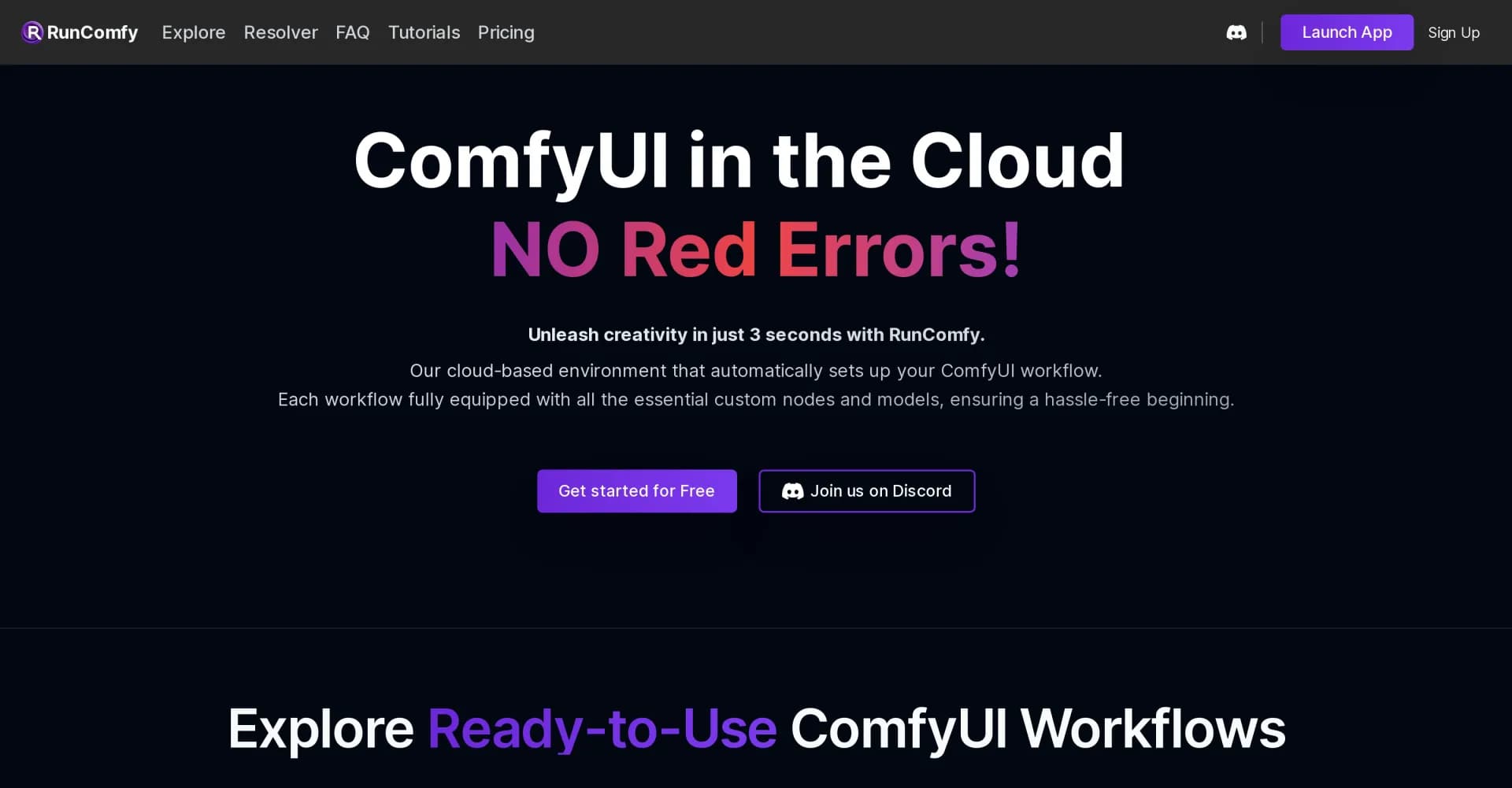 RunComfy homepage screenshot — Unleash your AI Art creativity in just 3 seconds with web-ba