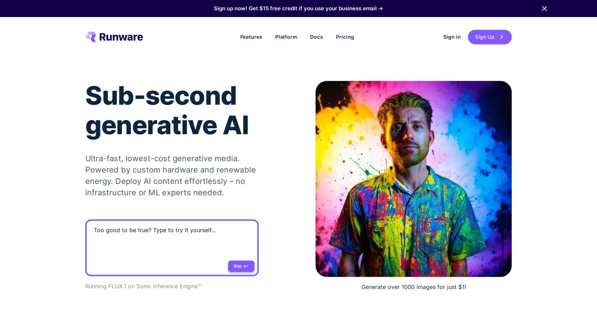 Runware homepage screenshot — Ultra-fast, low-cost generative AI for effortless deployment