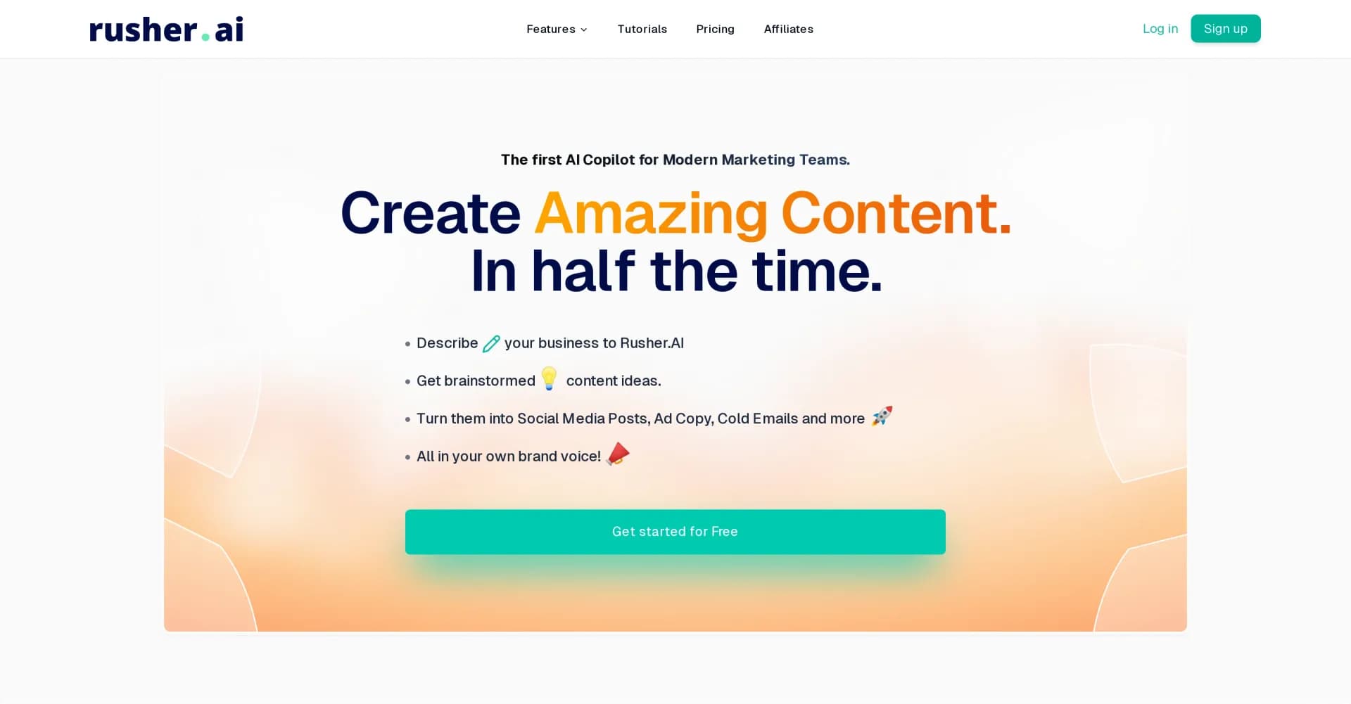 Rusher homepage screenshot — Create amazing content in half the time.