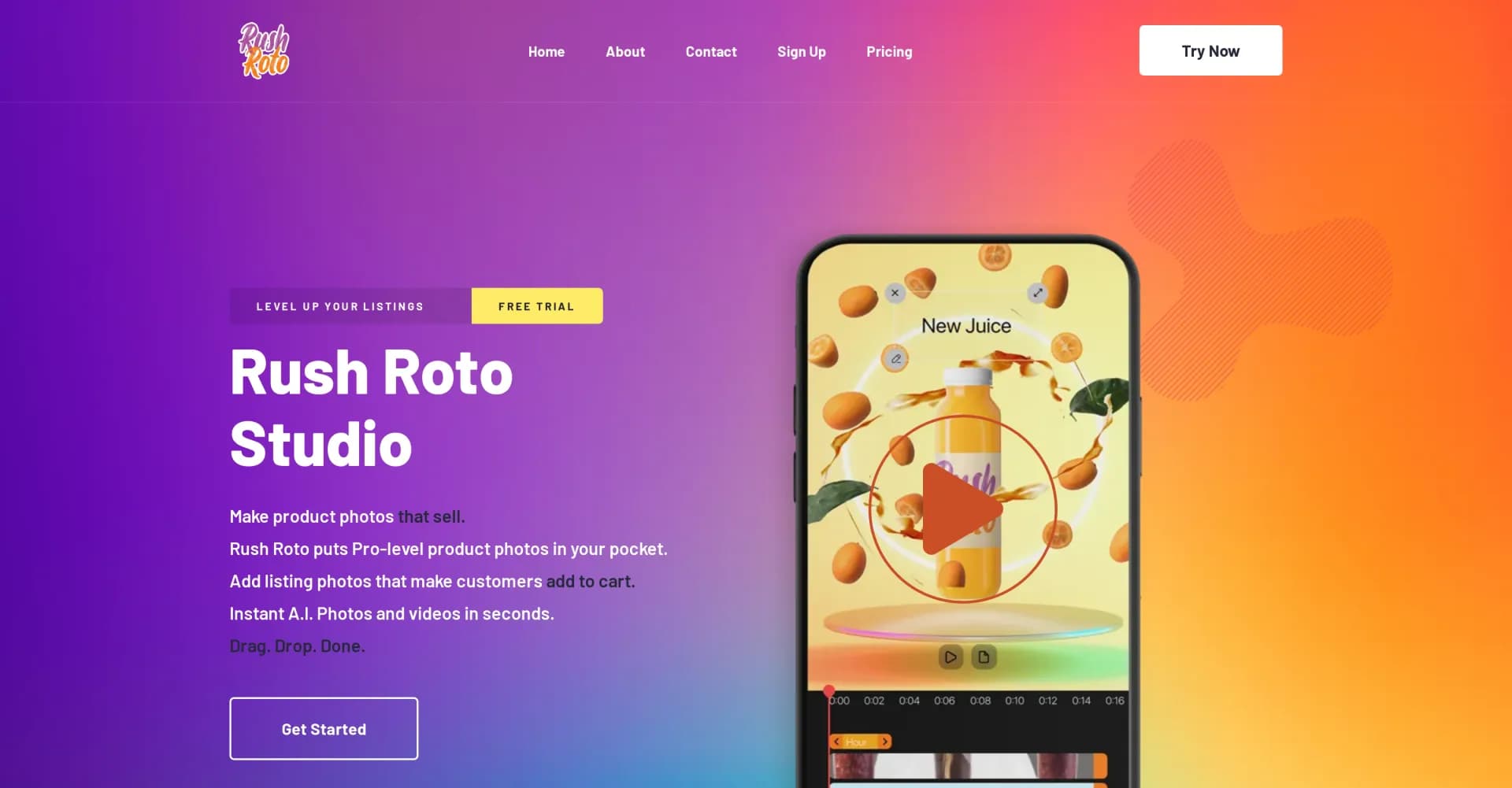 RushRoto Studio homepage screenshot — Pro-level product photos, instantly with AI.