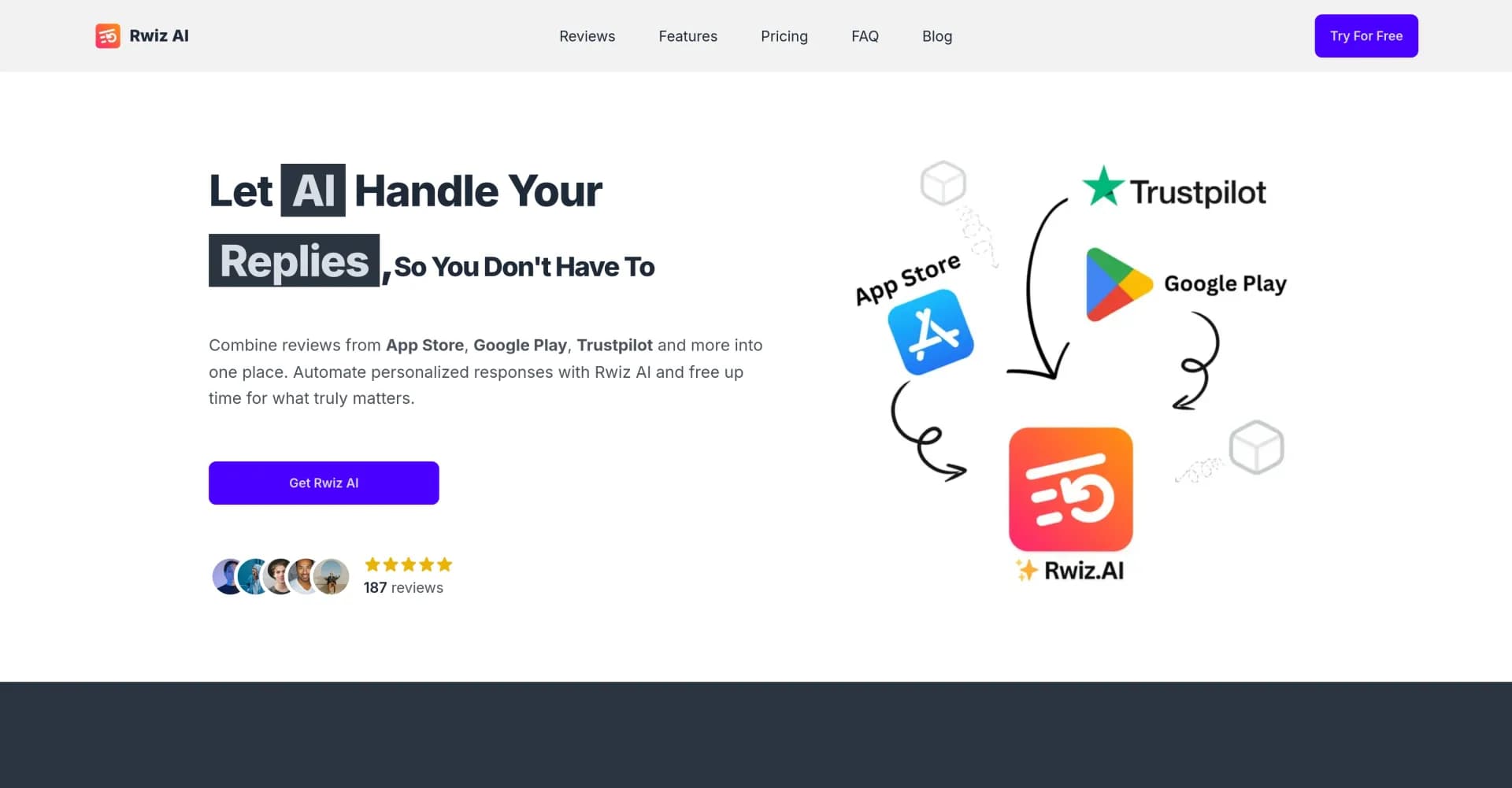 Rwiz AI homepage screenshot — Simplify and automate review management across platforms