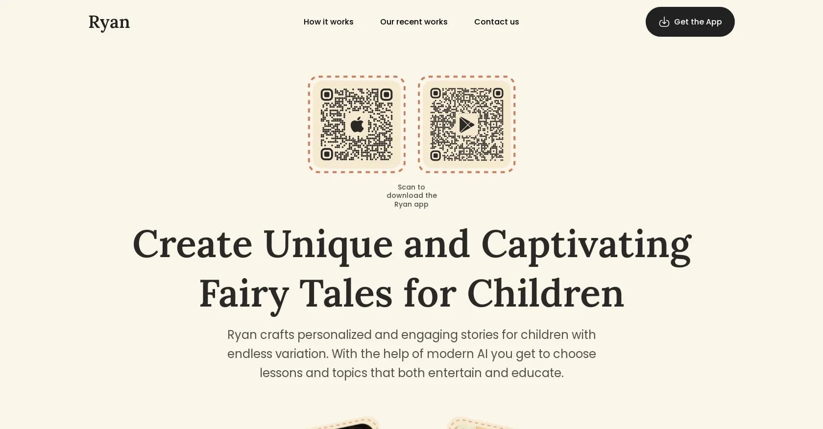 RyanApp homepage screenshot — Create engaging AI-powered fairy tales for children.