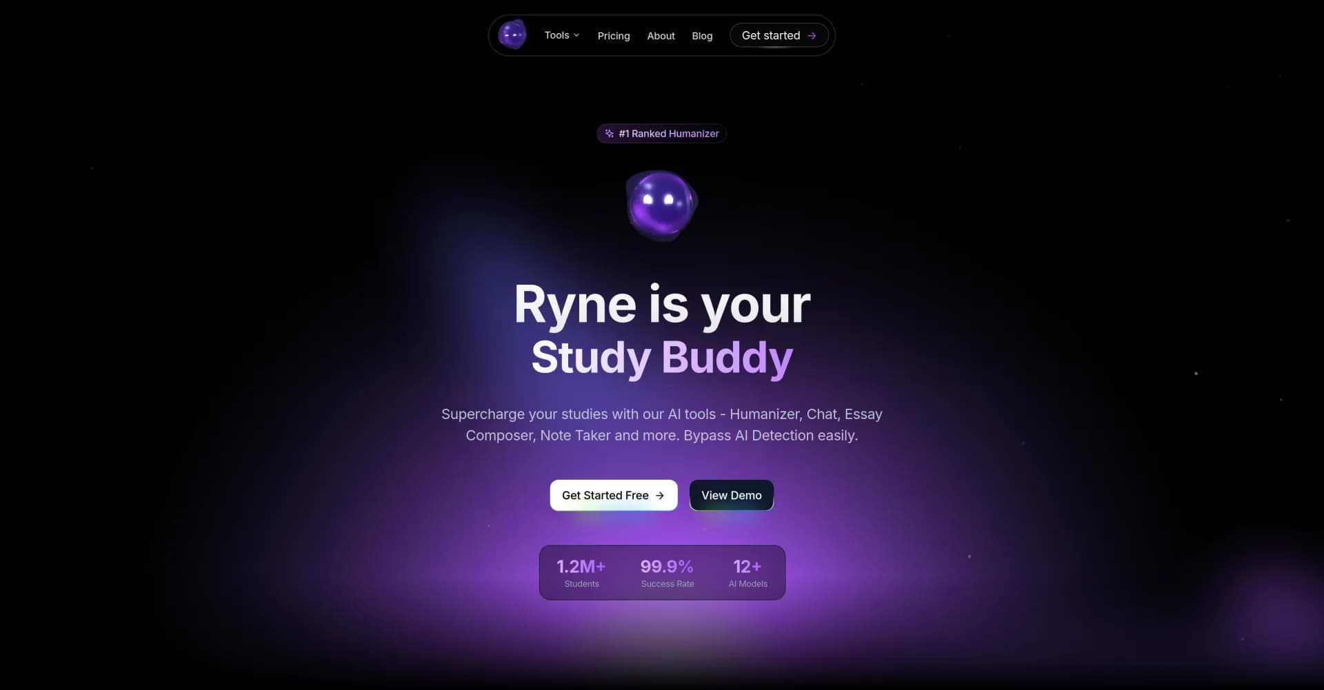 Ryne AI homepage screenshot — Supercharge studies with AI, bypassing detection.