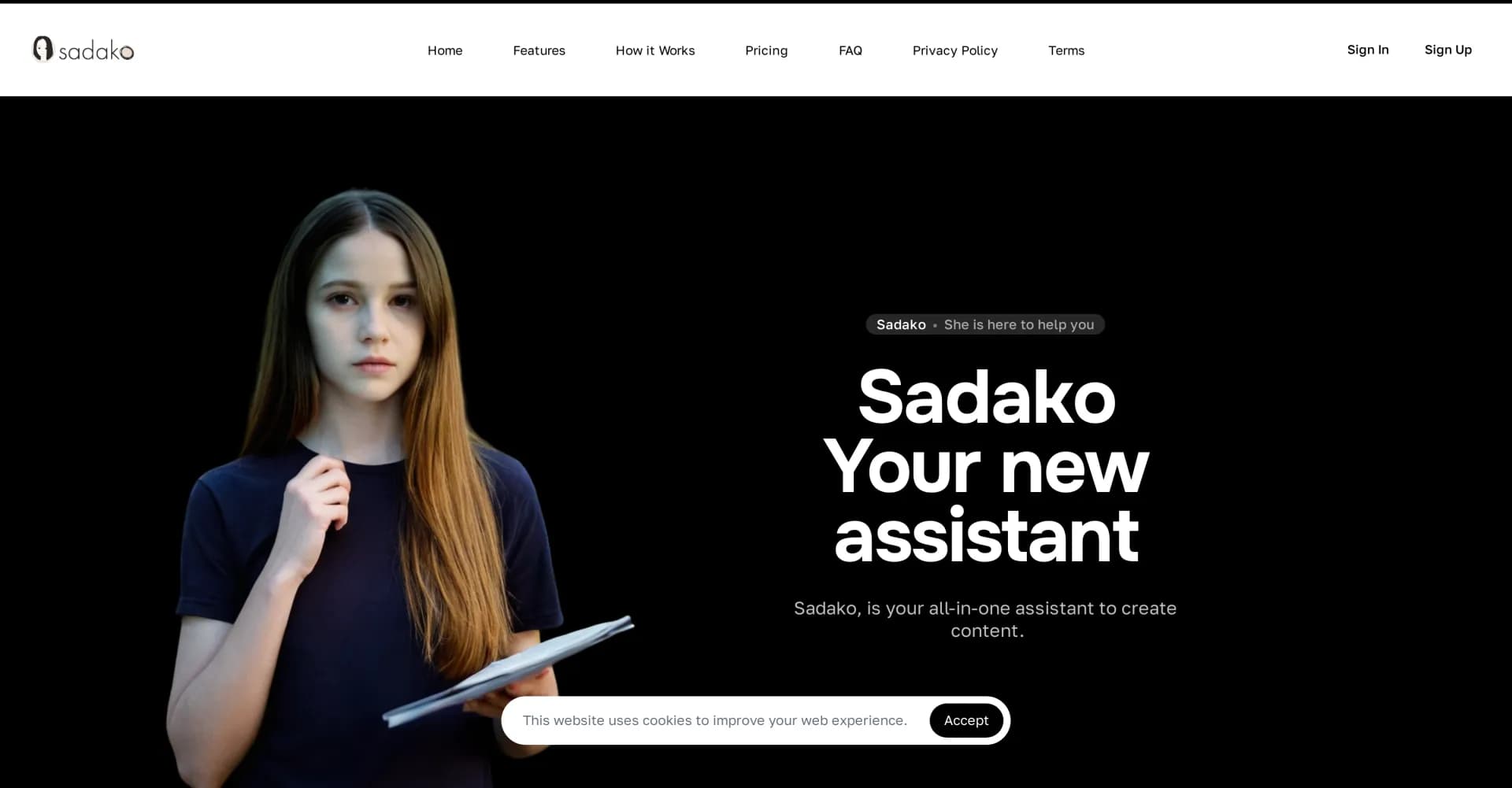 Sadako homepage screenshot — AI assistant for SEO content writing and image creation.