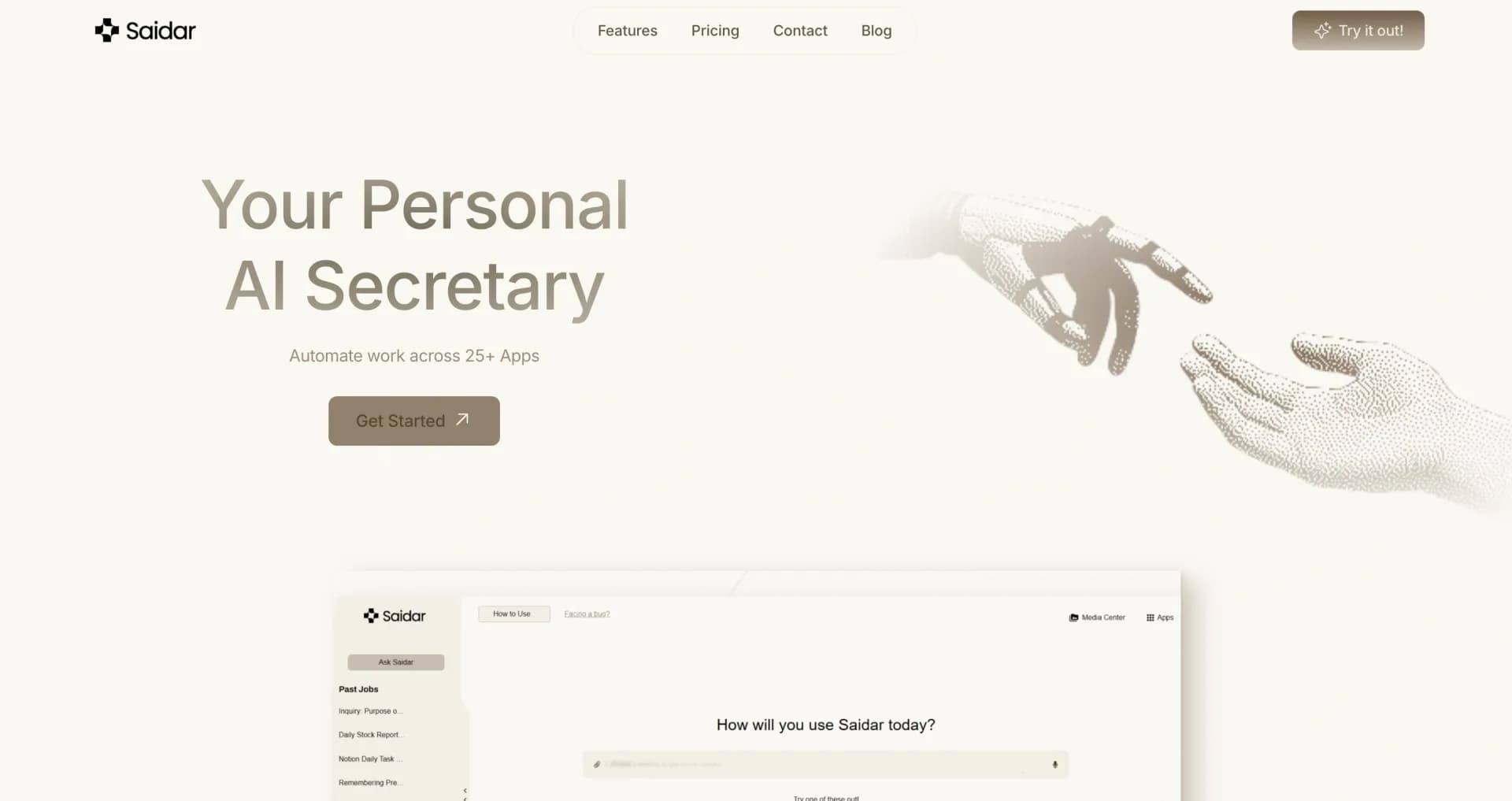 Saidar2.1 homepage screenshot — Your AI Secretary for 50+ Apps!
