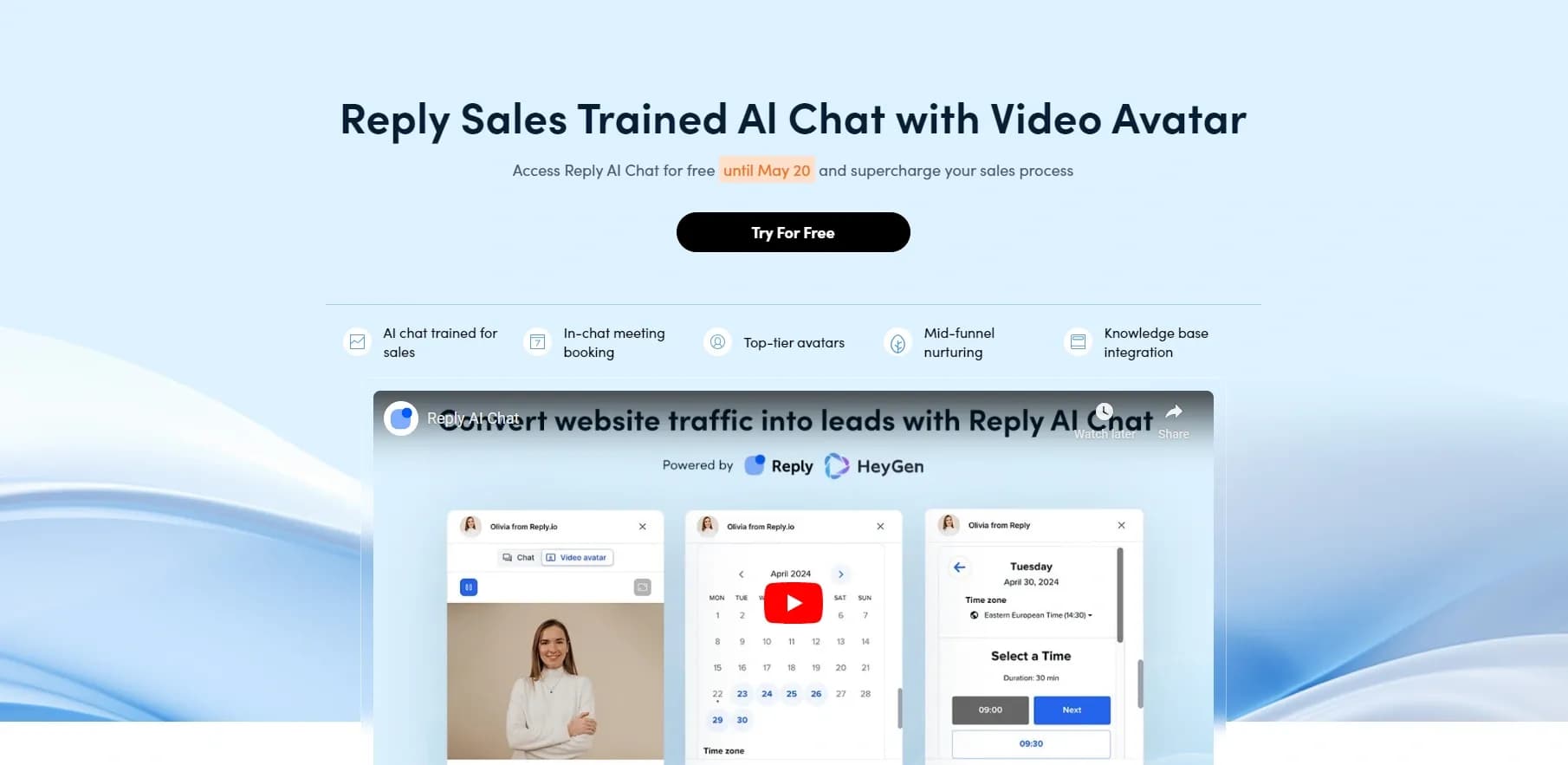 Sales AI Chatbot by Reply.io homepage screenshot — Elevate sales with AI chatbots that convert and book meeting
