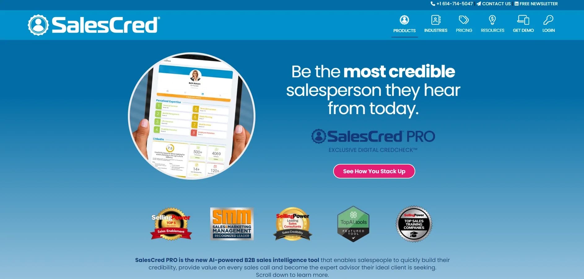 SalesCred homepage screenshot — AI tool building sales credibility and accelerating trust.