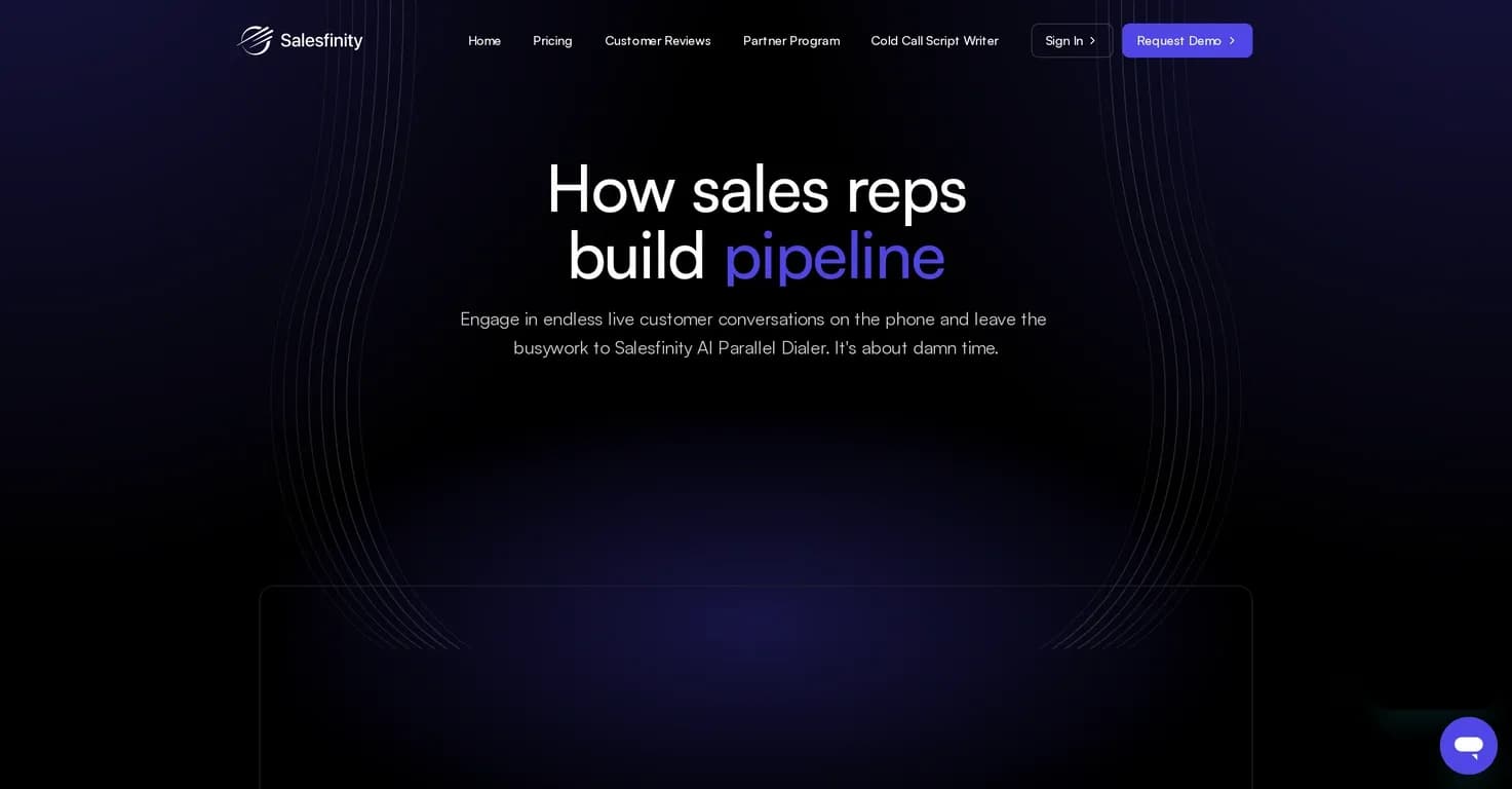 Salesfinity homepage screenshot — AI-powered dialer: Less waiting, more talking.