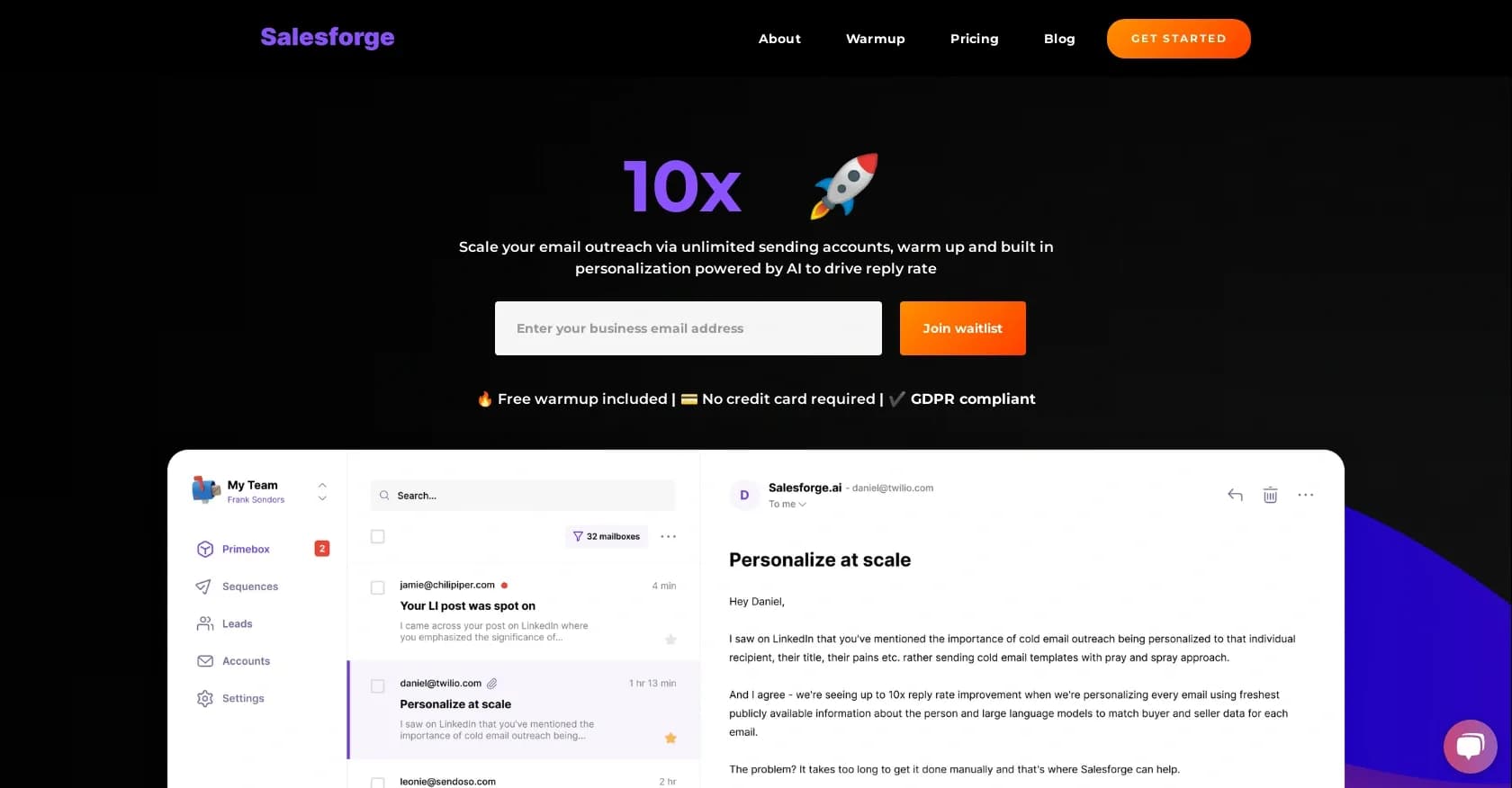 Salesforge homepage screenshot — Scale email outreach with AI-powered personalization.