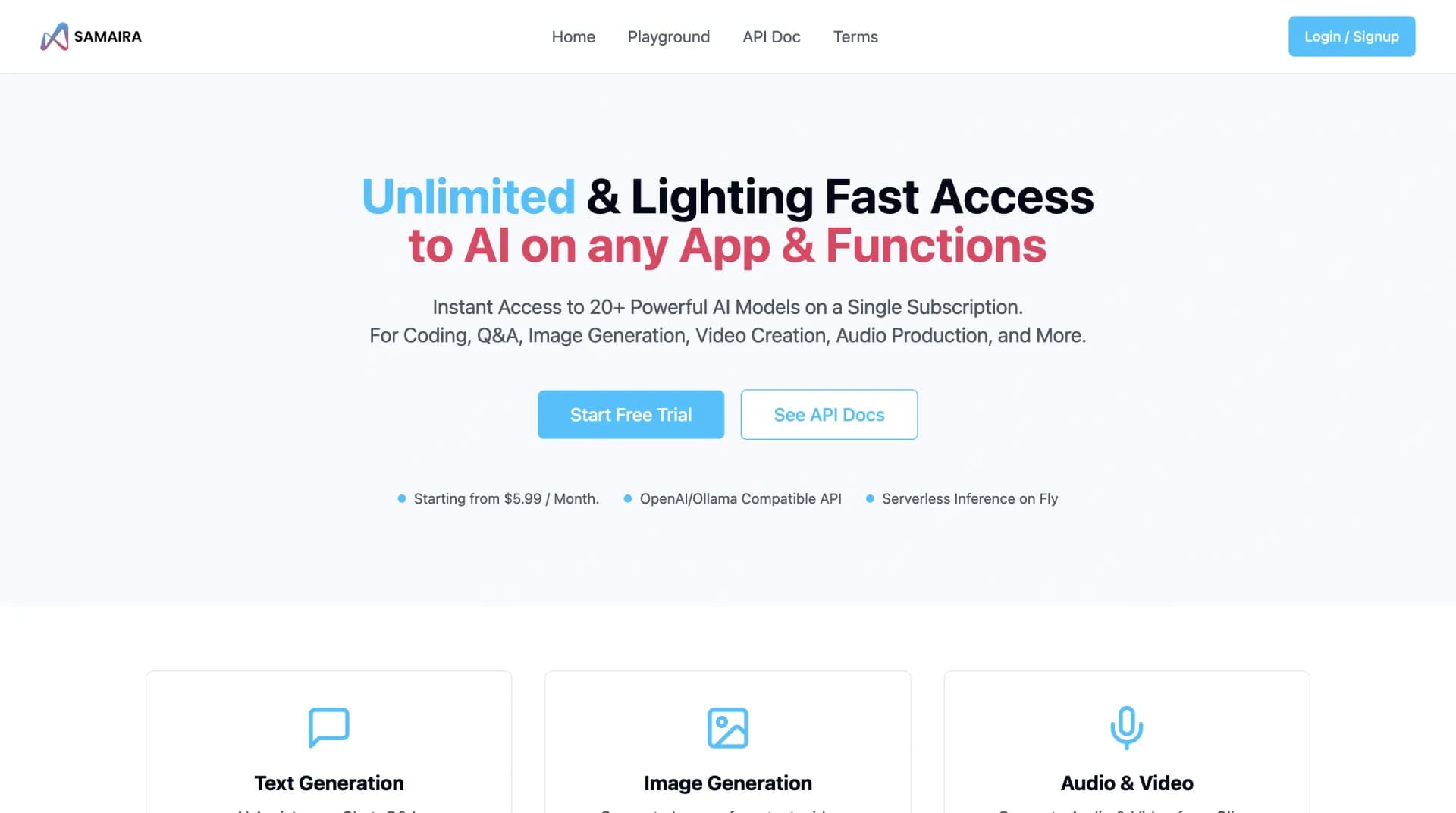 Samaira AI homepage screenshot — One subscription, 20+ AI models at your fingertips.
