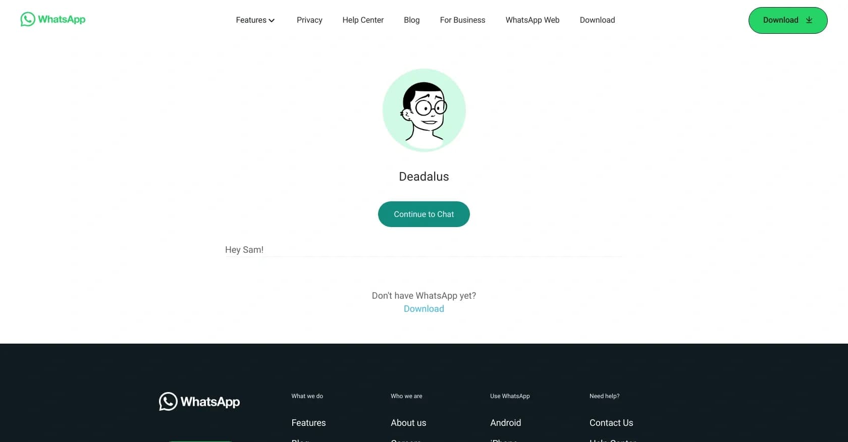 Samarithan homepage screenshot — Connect privately and stay close with WhatsApp.