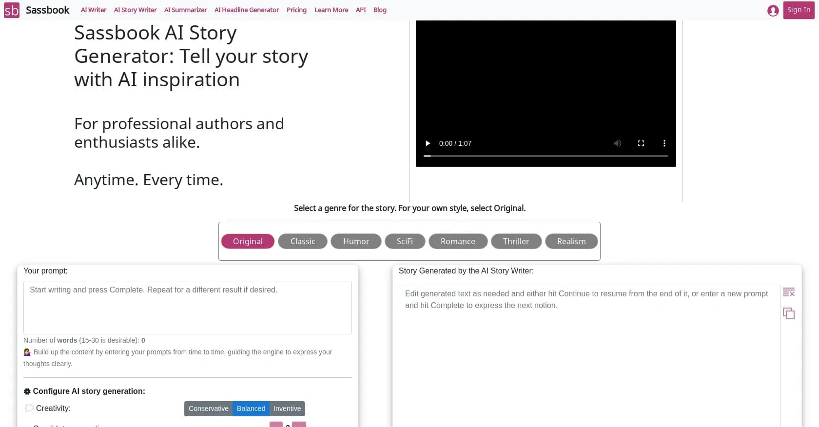 Sassbook AI Story generator homepage screenshot — Create authentic stories rapidly with AI inspiration