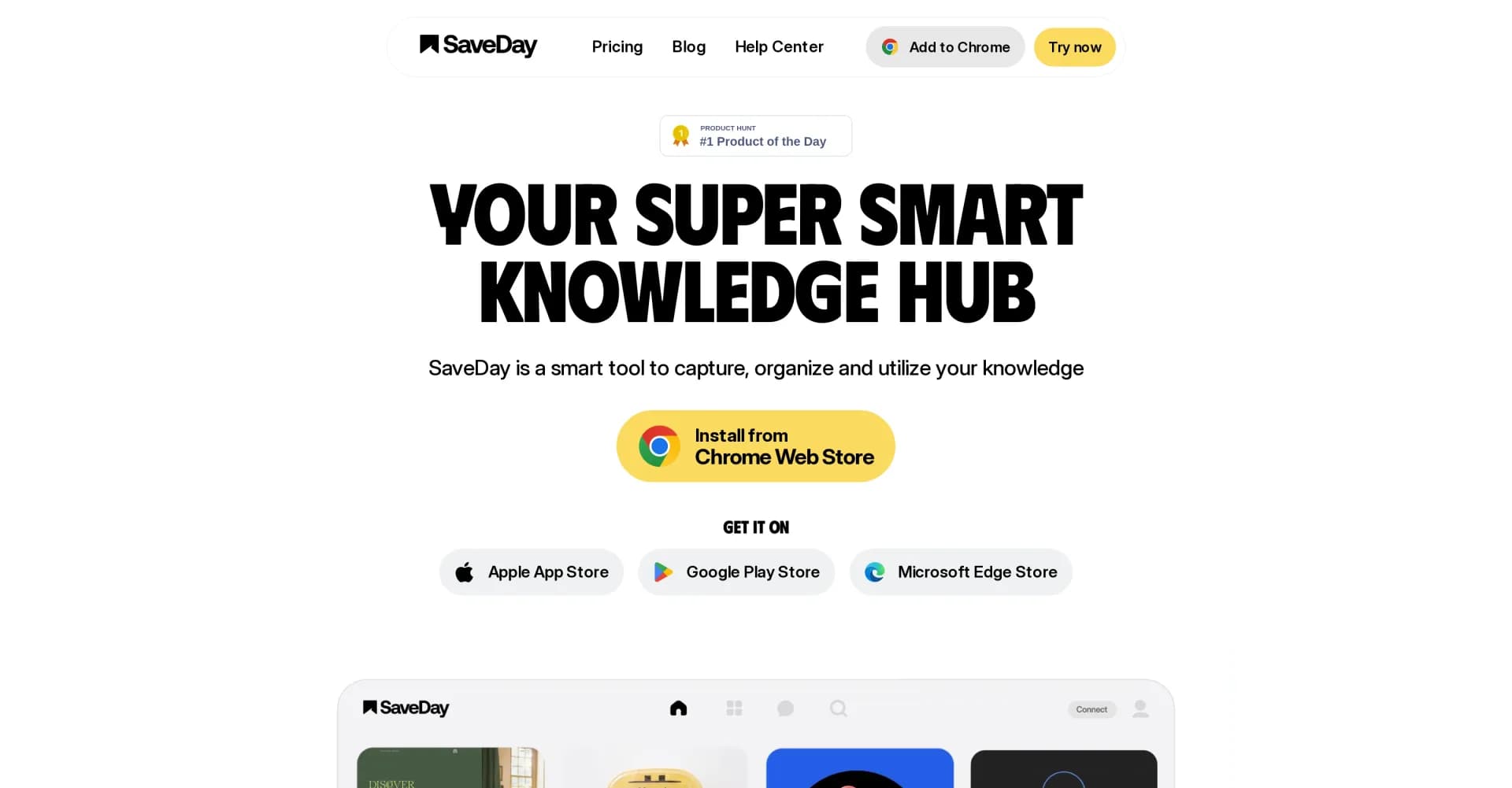 SaveDay homepage screenshot — Capture, organize, and utilize your knowledge effortlessly.