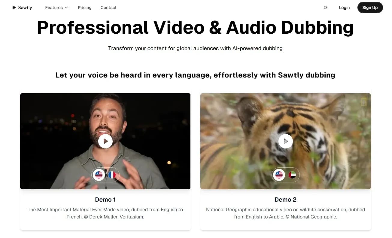 Sawtly homepage screenshot — AI-powered dubbing for global audiences
