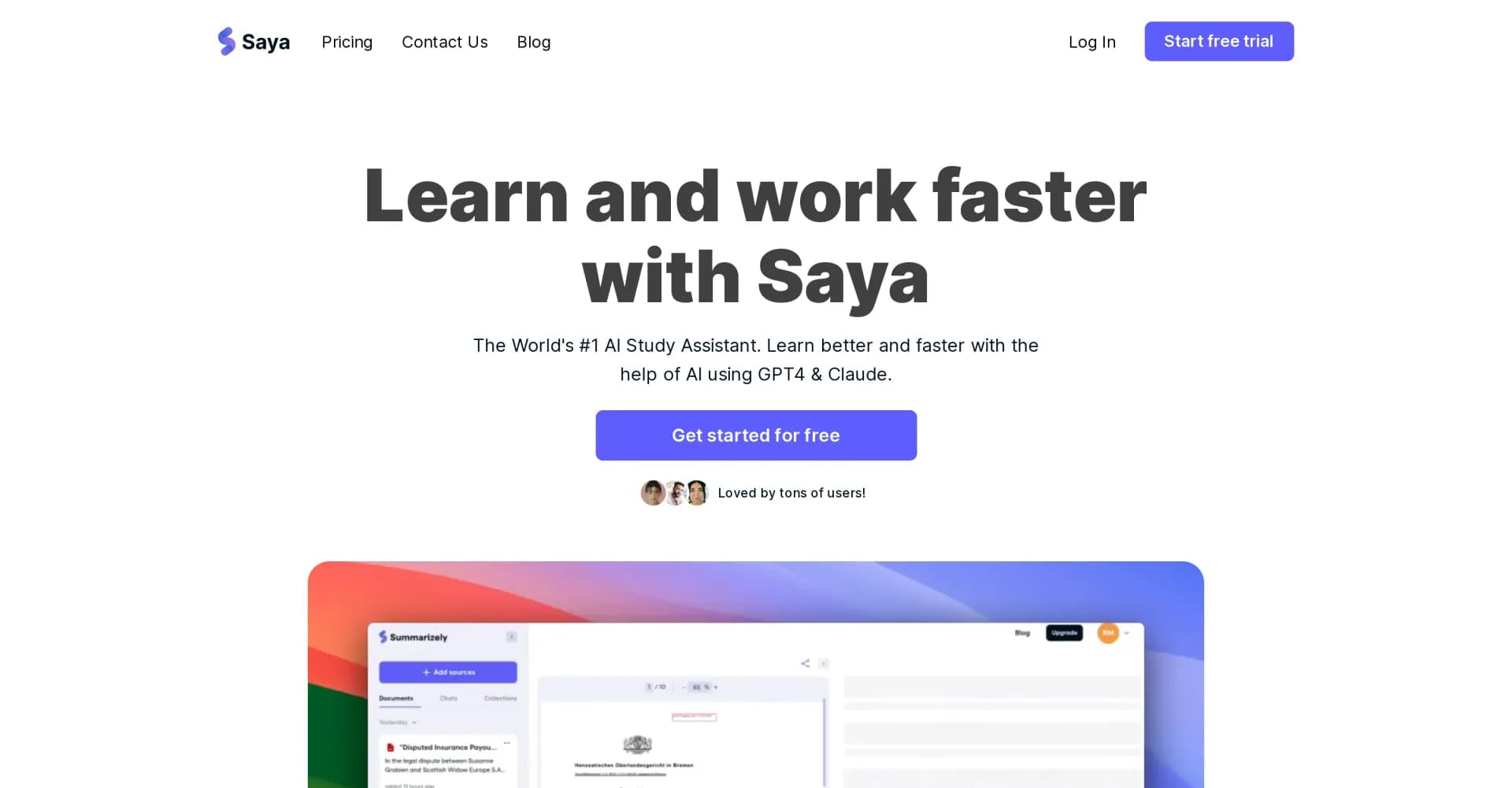 Saya homepage screenshot — AI-powered summarization for podcasts, videos, and articles.