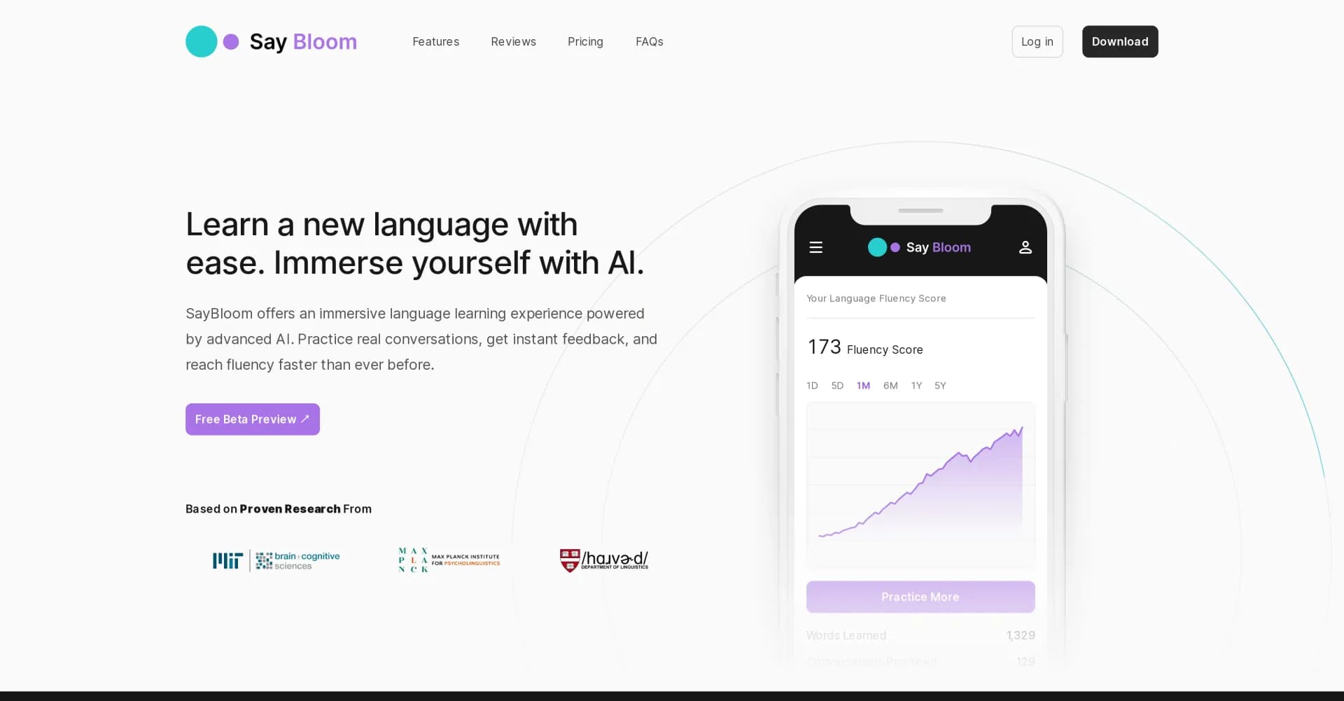 SayBloom homepage screenshot — Immersive AI-powered language learning for faster fluency.