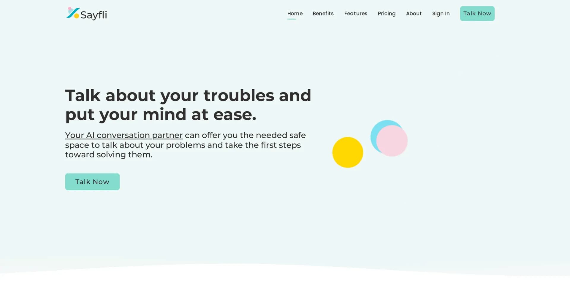 Sayfli homepage screenshot — Your AI companion for safe, judgment-free conversations.