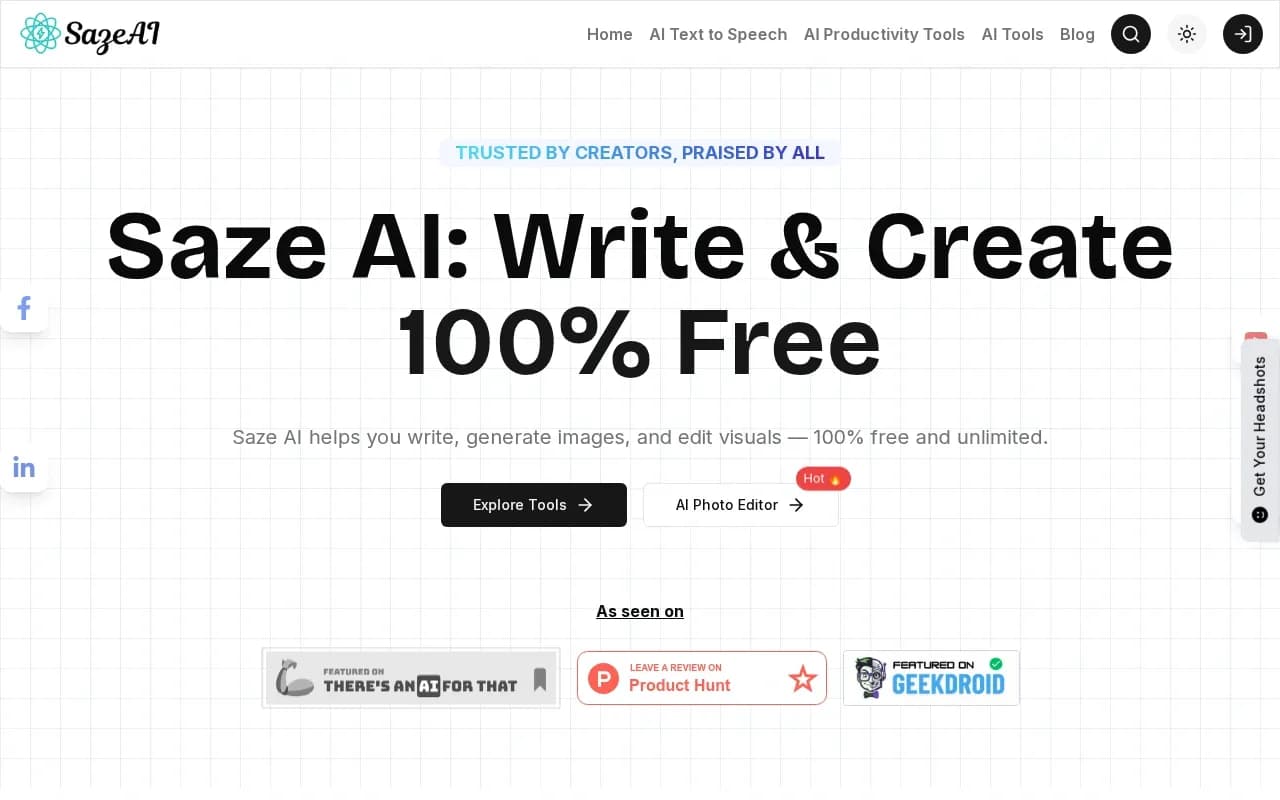 Saze AIv1.2 homepage screenshot — Create, generate, and craft with AI-powered tools.