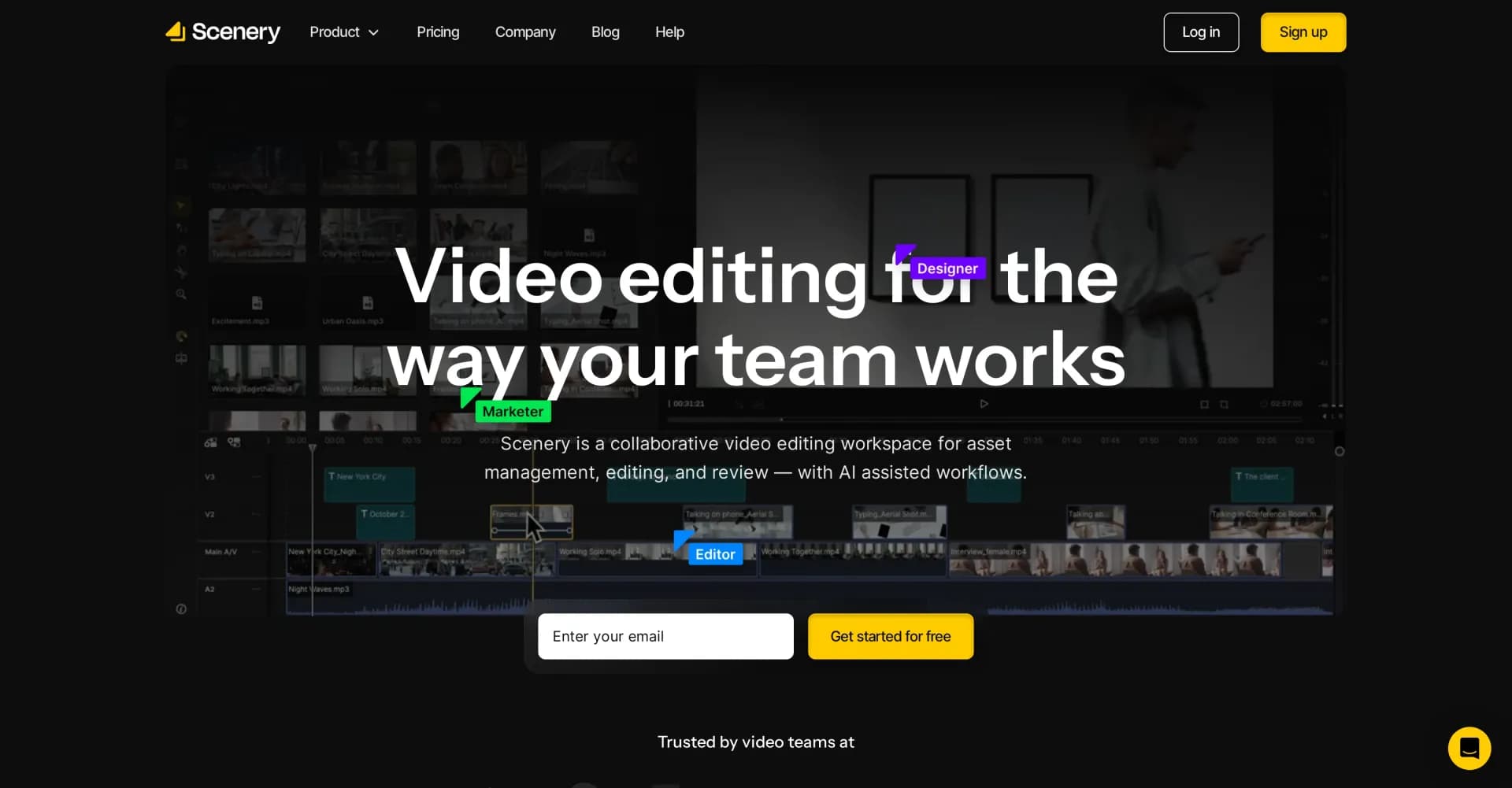 Scenery Video homepage screenshot — Collaborative video editing for teams