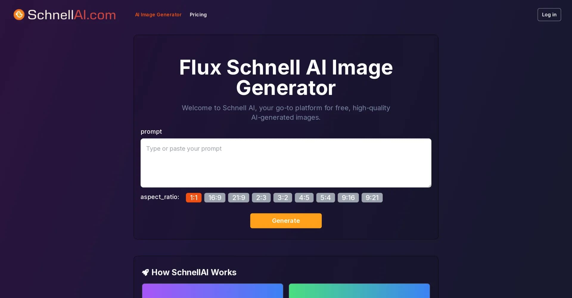 Schnell AI homepage screenshot — Transform ideas into visual masterpieces using AI