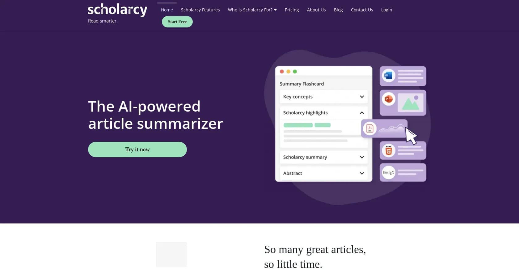 Scholarcy homepage screenshot — Convert long articles into summary flashcards.