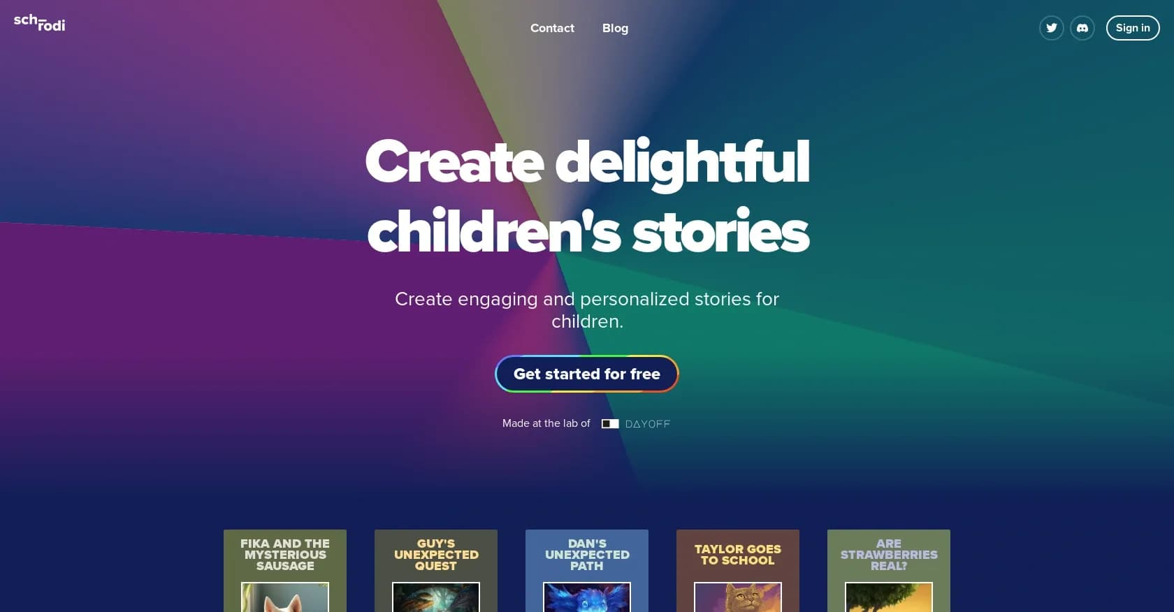 Schrodi homepage screenshot — Create delightful children's stories with AI.