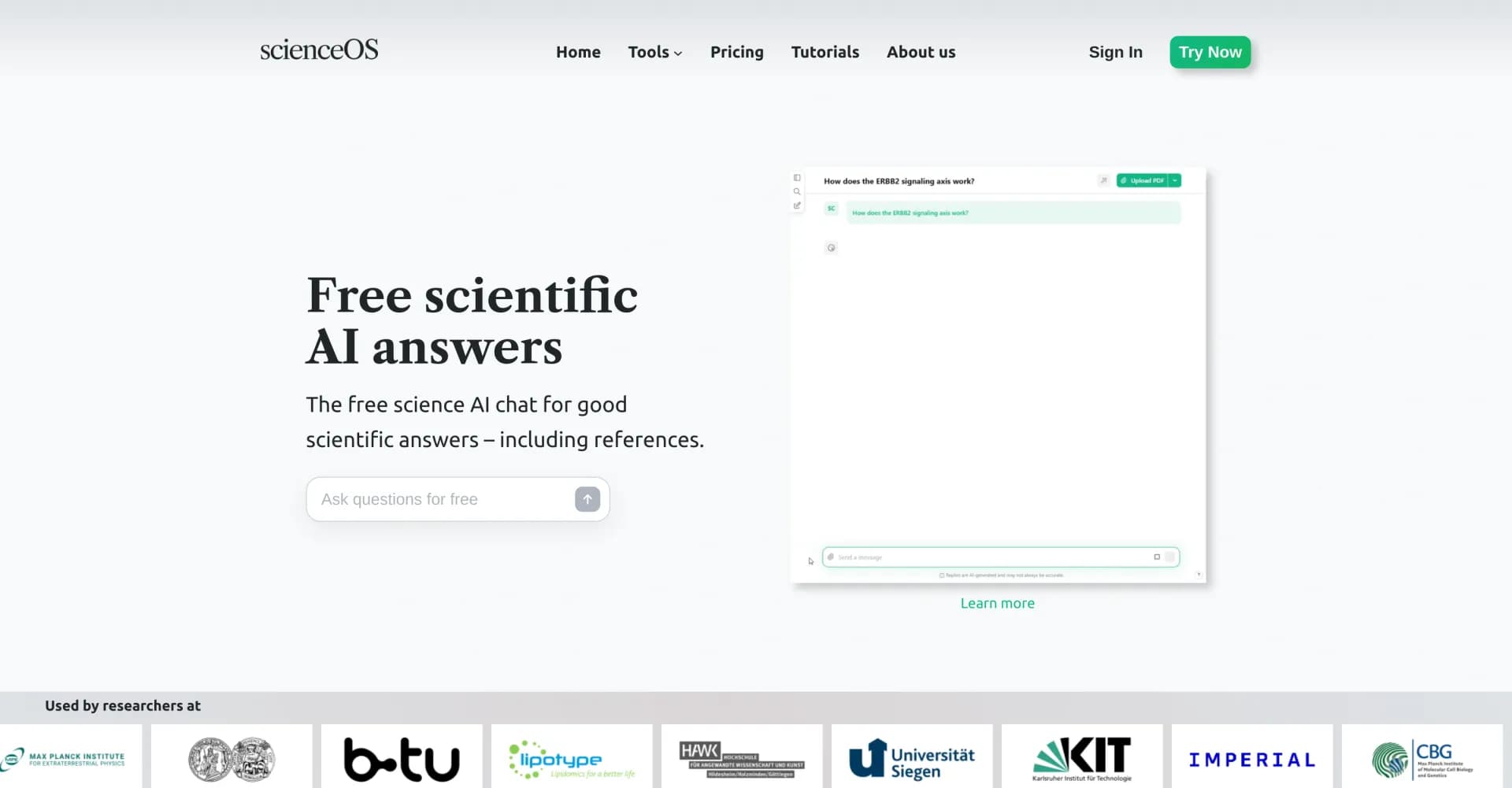 ScienceOS homepage screenshot — Free AI science chatbot powered by 220+ million research pap