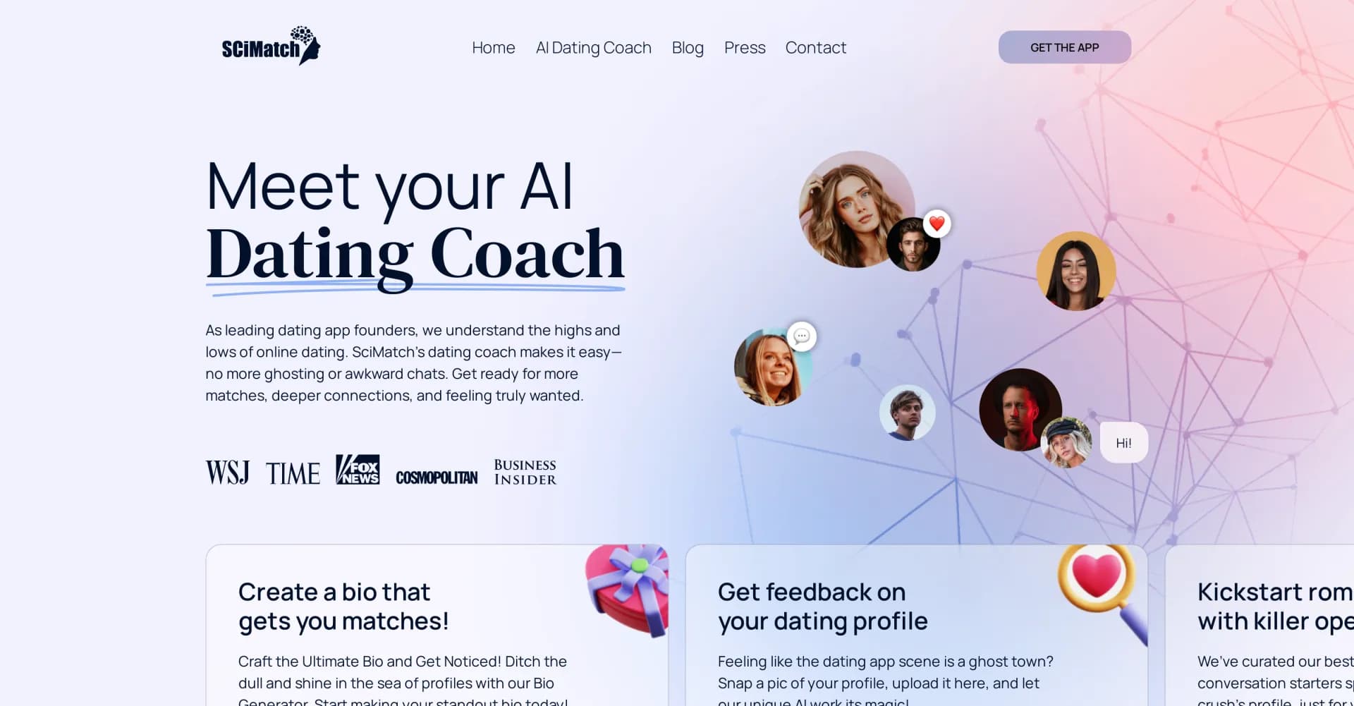 SCiMatch homepage screenshot — AI dating coach for more matches and deeper connections