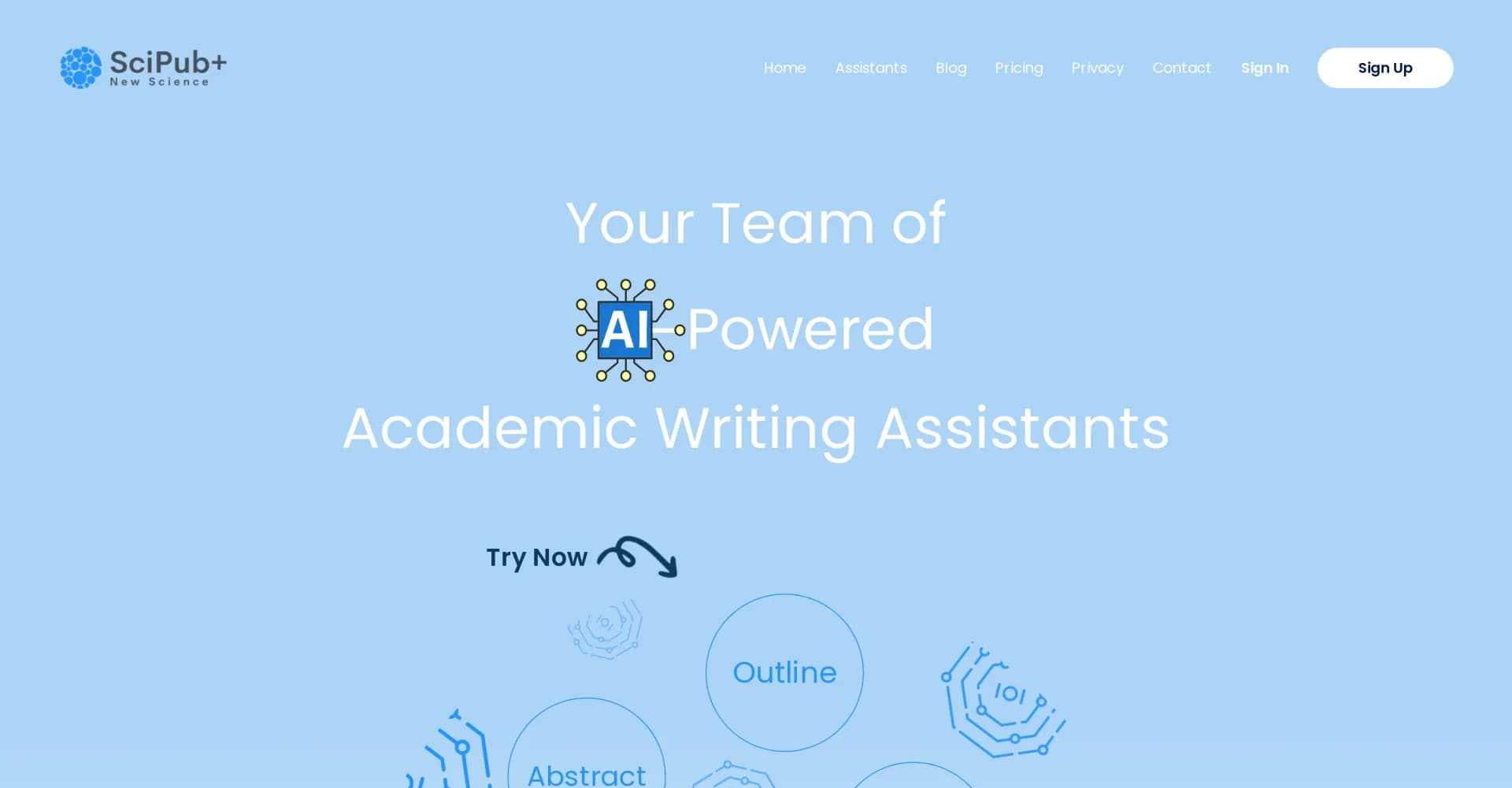 SciPub homepage screenshot — AI-powered academic writing assistants for researchers
