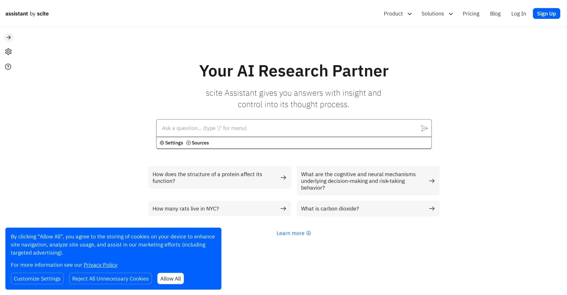 Scite homepage screenshot — AI research partner with insight and control