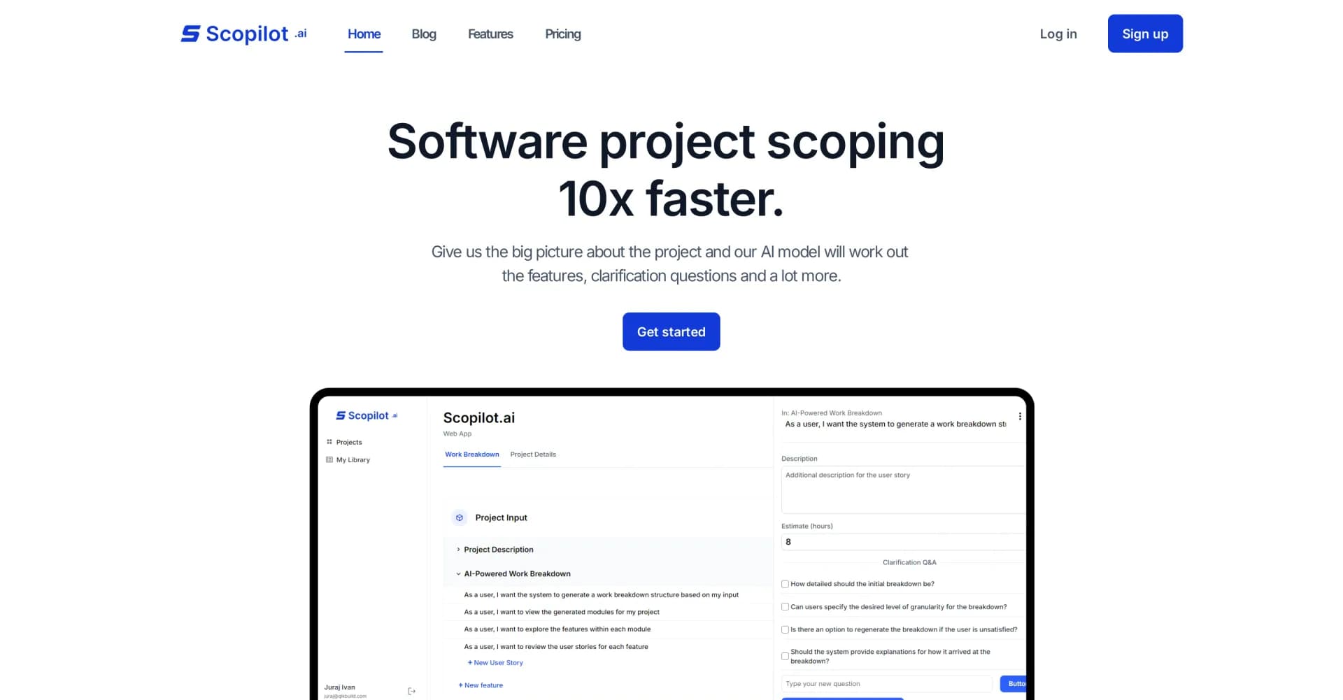 Scopilot.ai homepage screenshot — AI-powered software scoping in minutes.
