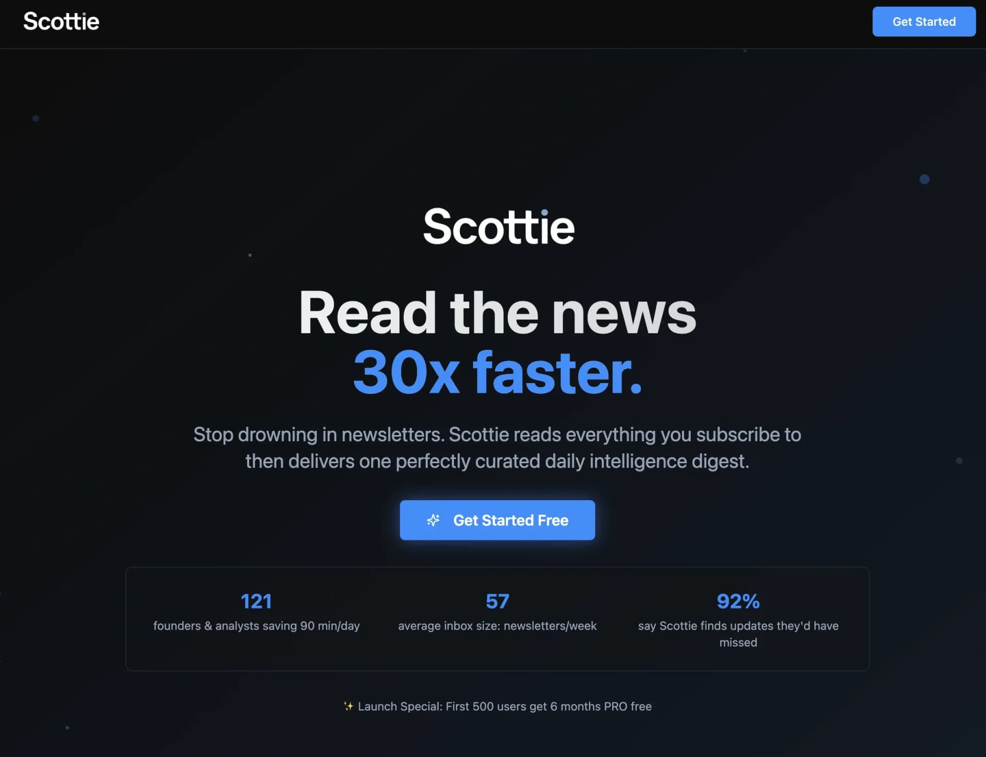Scottie — Read Less, Know More | $12/mo Newsletter ...v1.5 homepage screenshot — Read the news 30x faster