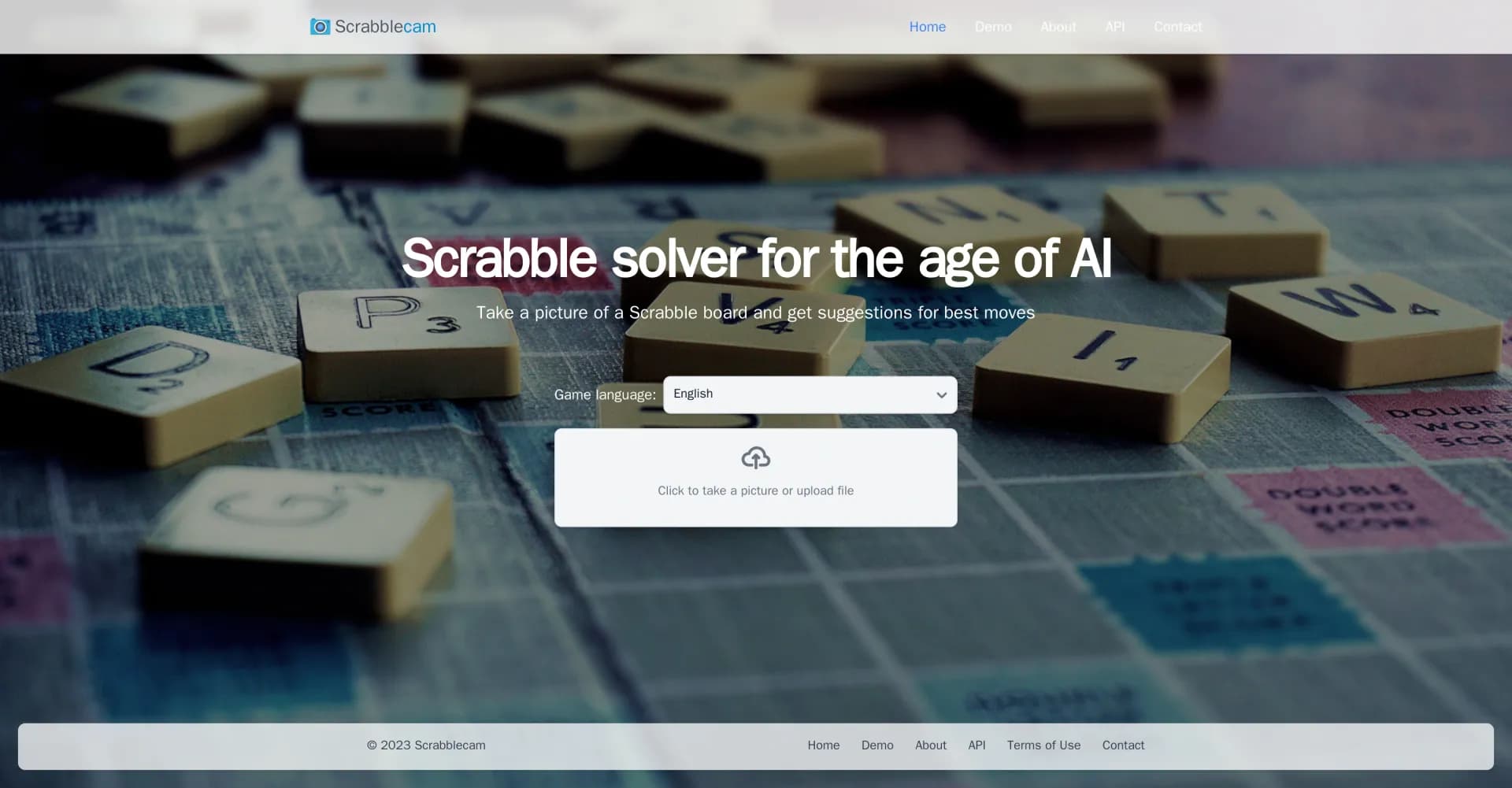 Scrabblecam homepage screenshot — AI Scrabble solver from board photos