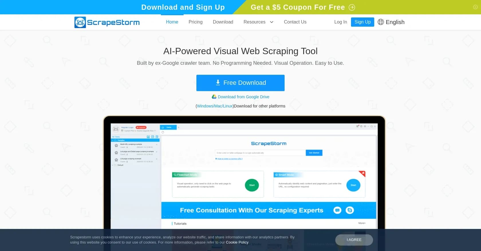 ScrapeStorm homepage screenshot — Extract web data without coding using AI.
