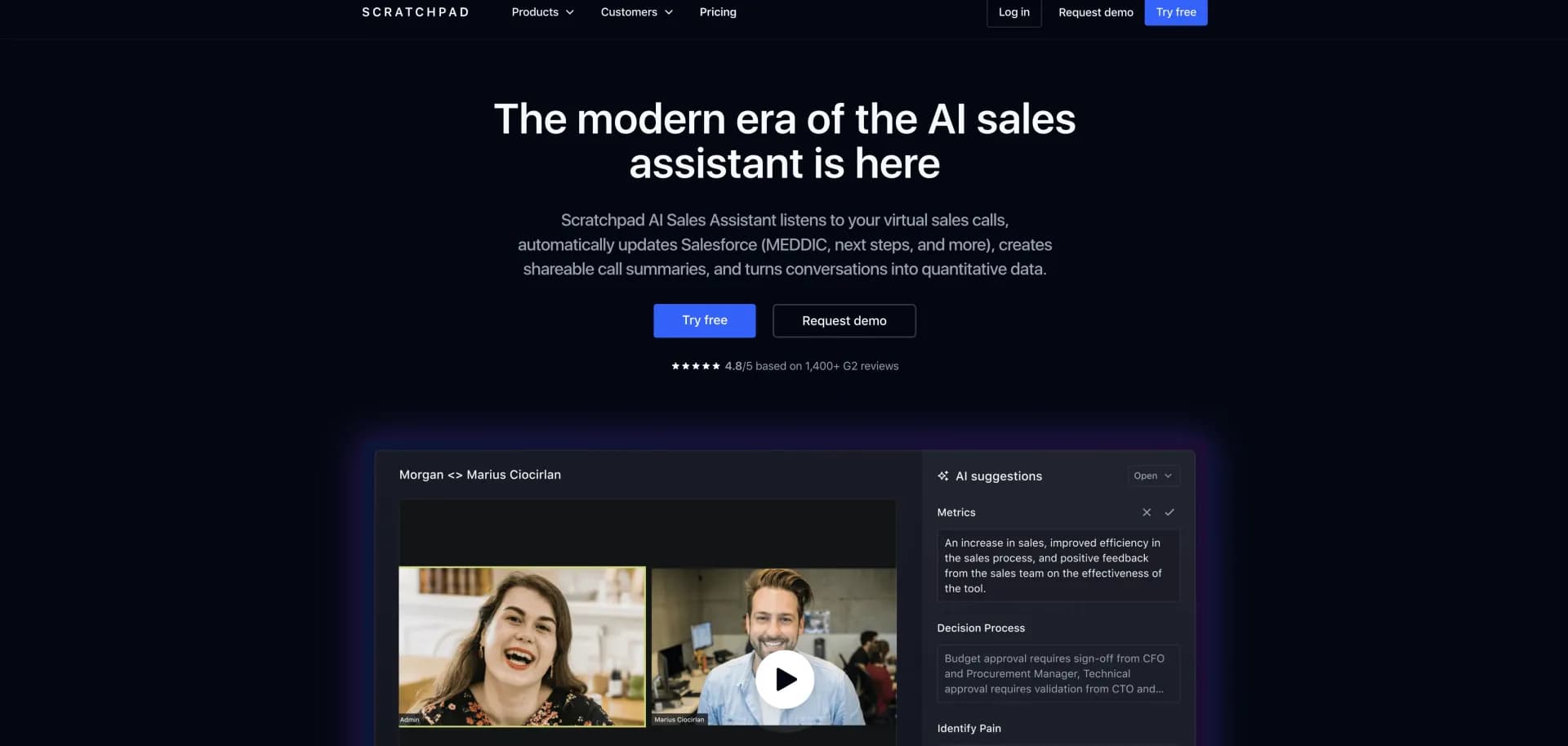 Scratchpad AI Sales Assistant homepage screenshot — Transform sales conversations into actionable Salesforce dat