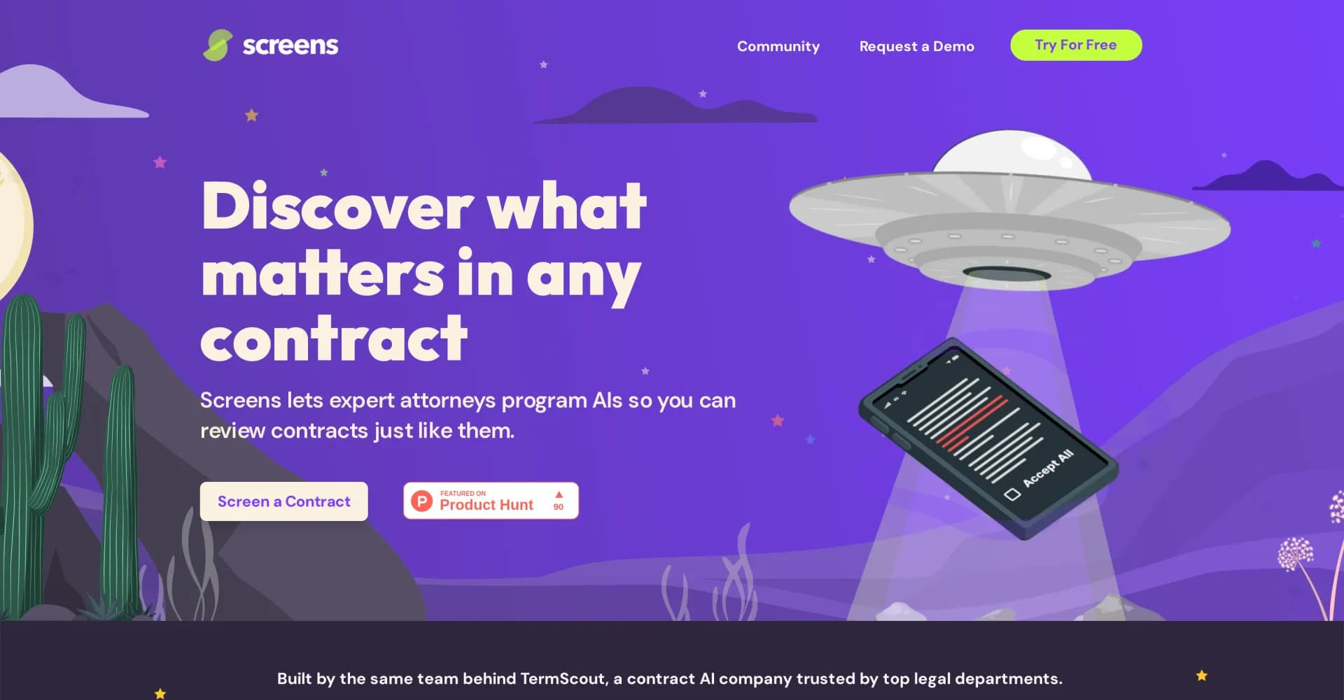 Screens homepage screenshot — AI-powered contract review by expert attorneys